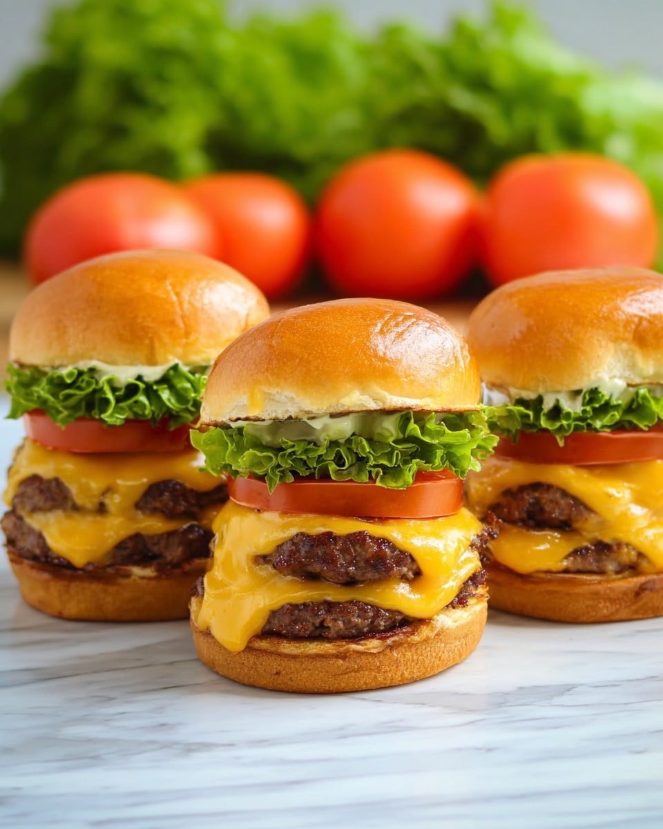 Three cheeseburgers are placed side by side on a white marbled surface. Each burger has a glossy, golden brown bun on top. Under the bun, there is a layer of fresh green lettuce and a thick, bright red slice of tomato. Below the vegetables are two thick, juicy beef patties, each covered with melted bright orange cheddar cheese that slightly drips over the edges. The buns have a soft texture and the bottom bun shows a layer of sauce underneath the patties. In the background, blurred fresh whole tomatoes and leafy green lettuce can be seen on the white marbled surface. Photo taken with an iphone --ar 4:5 --v 7