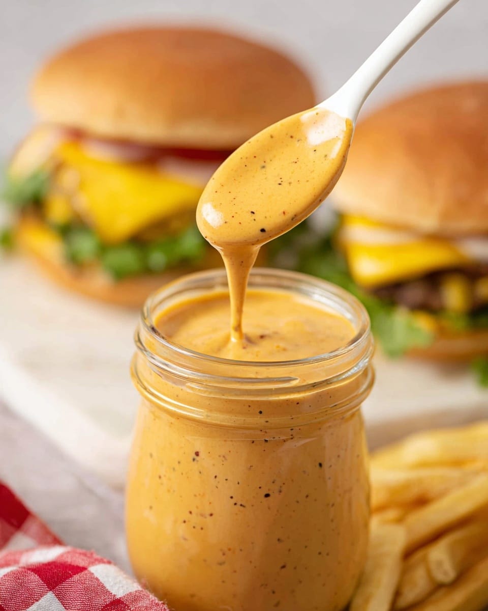 A close-up view of a clear glass jar filled with thick, creamy orange sauce speckled with small dark flecks. A white spoon lifts the sauce above the jar, showing its smooth texture as it drips back down slowly. In the blurry background, two burgers sit on a white marbled surface, each with a soft golden-brown bun, melted yellow cheese, green lettuce, and other toppings. Some pale yellow French fries lay casually near the jar, and a red-and-white checkered cloth is partially visible on the side. Photo taken with an iphone --ar 4:5 --v 7