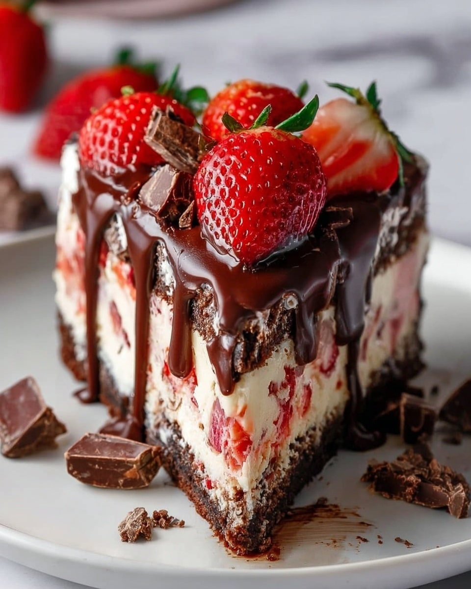 A slice of layered cake on a white plate sits on a white marbled surface. The cake has four visible layers: a dark brown, crumbly base; a thick creamy pale layer with strawberry pieces embedded inside; a thin layer with a lighter cream color mixed with strawberry bits; and a top layer of smooth dark chocolate sauce that drips down the sides. On top of the cake, three whole red strawberries with green leaves and small pieces of chocolate are placed, with extra chocolate chunks scattered around the plate. photo taken with an iphone --ar 4:5 --v 7