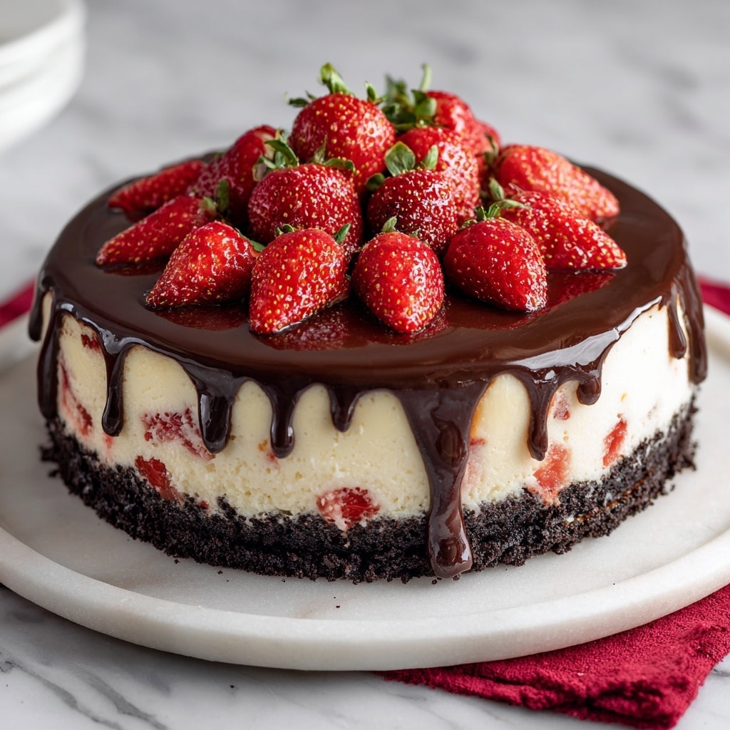 A round cheesecake with three visible layers sits on a white marble surface. The bottom layer is a dark chocolate crust, thick and crumbly. Above this is a creamy white cheesecake layer with bright red strawberry pieces mixed inside. The top layer is a shiny dark chocolate glaze dripping down the sides of the cake. On top, there are fresh whole strawberries arranged neatly in the center. The cake is on a round white plate with a red cloth partially visible beneath it. photo taken with an iphone --ar 4:5 --v 7