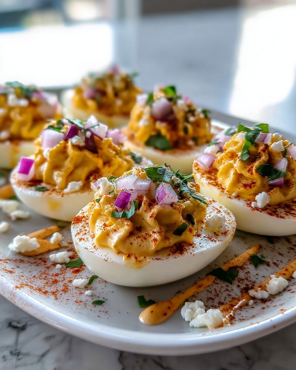 The image shows a white plate holding six halves of deviled eggs arranged in two rows, each egg half having three clear layers: the smooth white egg white base, a bright yellow creamy egg yolk mixture piled on top, and finely chopped red onions and green herbs sprinkled on the top layer. The eggs are drizzled with light orange sauce and sprinkled with reddish-brown paprika, with some white crumbly cheese scattered on the surface. The plate rests on a white marbled texture background with soft natural light highlighting the vibrant colors and textures. Photo taken with an iphone --ar 4:5 --v 7