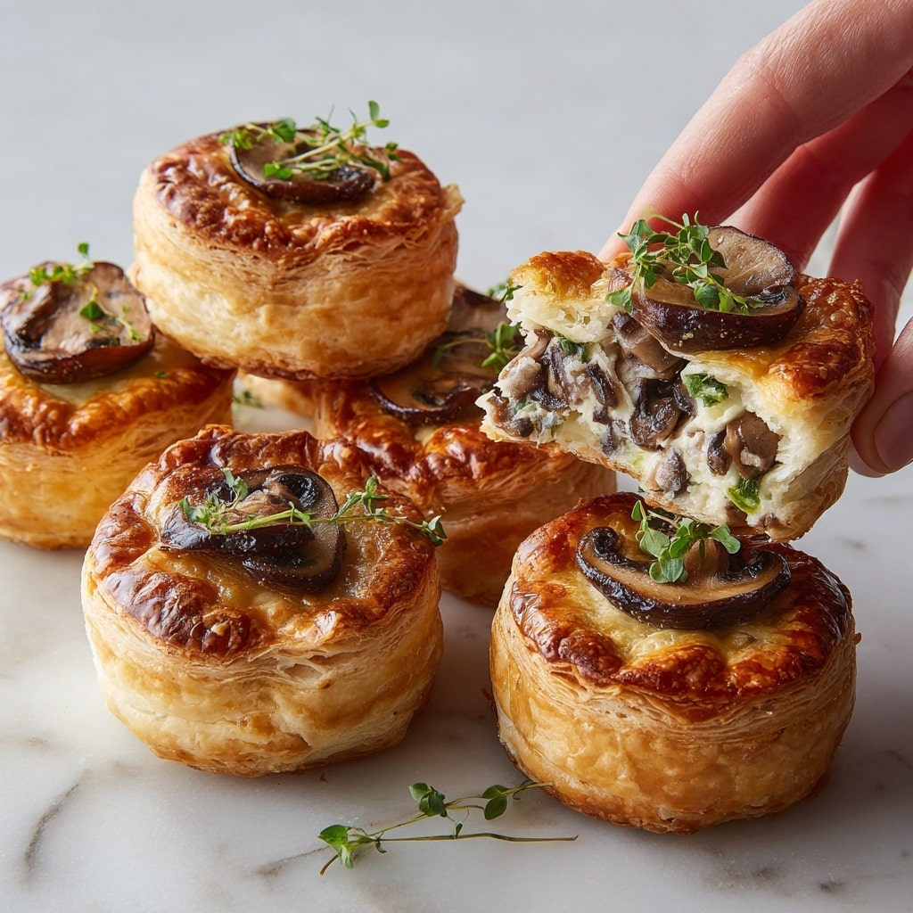 A white plate on a white marbled surface holds three small mushroom tarts with golden-brown puff pastry crusts. Each tart has multiple layers: the bottom is a flaky, light golden pastry, followed by a creamy mushroom filling with visible pieces of cooked mushrooms. The top is a slightly darker baked pastry rim, with one tart showing a small sprig of green herb on top and sliced mushrooms for garnish. The textures show crispy edges and creamy centers. Photo taken with an iphone --ar 4:5 --v 7