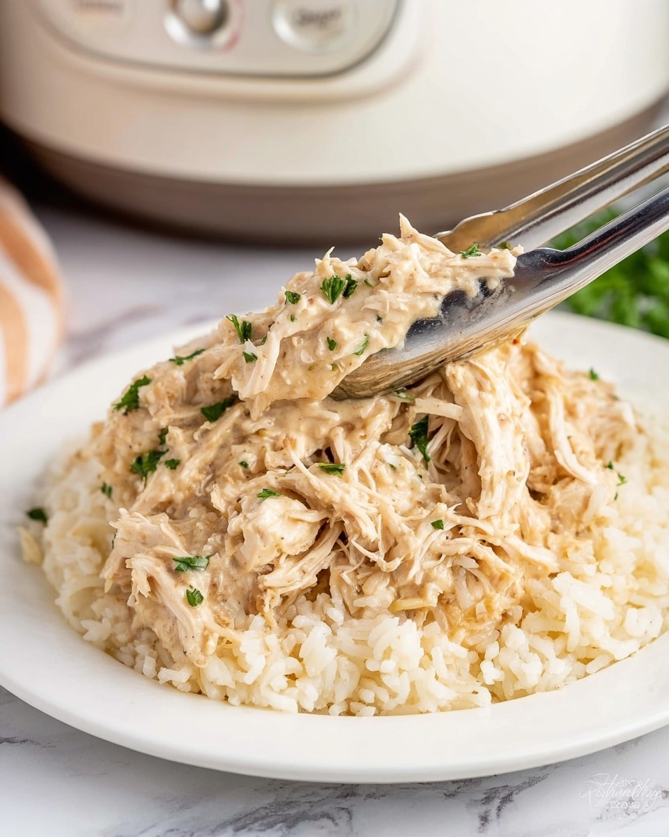 A white plate holds two layers: the bottom layer is a bed of light brown rice with a soft and slightly glossy texture, and on top is a generous serving of shredded chicken mixed with a creamy white sauce, dotted with small pieces of green herbs that add a fresh touch. A silver fork rests on the right edge of the plate, and a bunch of green parsley is blurred in the background on a white marbled surface. photo taken with an iphone --ar 4:5 --v 7
