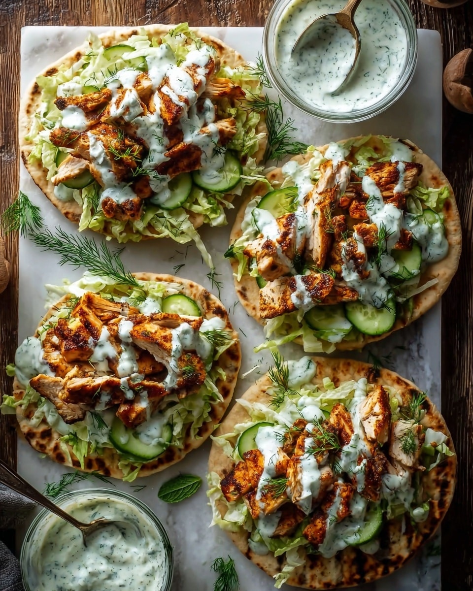 The image shows three flatbreads on a white marbled surface, each topped with layers that include light green shredded lettuce at the bottom, followed by slices of cucumber, then pieces of grilled chicken with a golden-brown color, and drizzled with white creamy sauce that has green herb specks, garnished with fresh green dill. Nearby are two clear glass bowls filled with the same white sauce, one with a spoon inside it. The setting is casual and the lighting highlights the textures and colors of the food. photo taken with an iphone --ar 4:5 --v 7