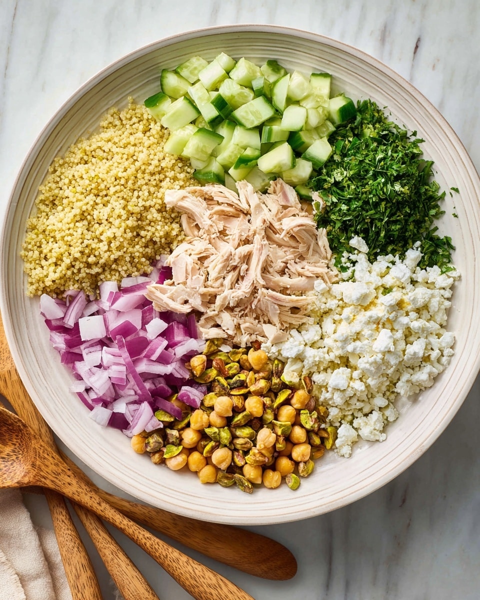 A large white scalloped bowl filled with a mixed salad showing about five layers: shredded light tan chicken strips on top, scattered yellow chickpeas, small pieces of bright green cucumber slices, tiny diced purple onions, and a base layer of light beige couscous mixed with some chopped parsley and small nuts. The salad looks fresh with sprinkled green herbs on top, and a wooden spoon with a carved handle rests in the bowl, partially submerged in the salad. Around the bowl, parts of white dishes and a pink cloth are visible on a white marbled surface. photo taken with an iphone --ar 4:5 --v 7
