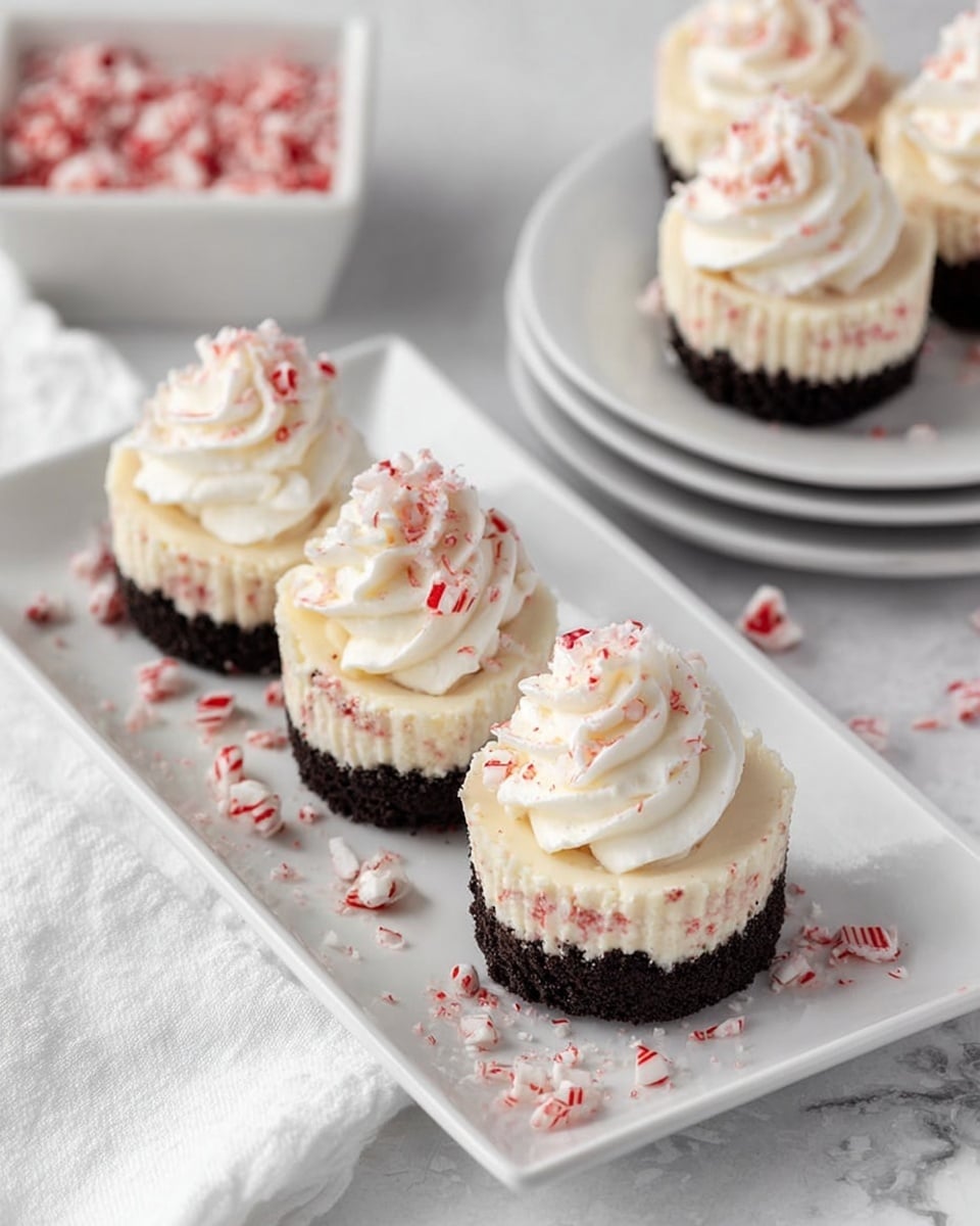 A small dessert with three clear layers sits on a white plate over a white marbled surface. The bottom layer is dark brown with a crumbly texture, likely made from crushed cookies. Above it is a smooth, thick light pink layer that looks creamy and soft. On top of this is a fluffy white whipped cream layer with small red specks, adding a delicate touch. A red and white striped candy cane is placed upright in the whipped cream, slightly curved at the top. There are some crumbs scattered on the plate near the dessert. In the background, other similar desserts and candy canes are softly blurred. photo taken with an iphone --ar 4:5 --v 7