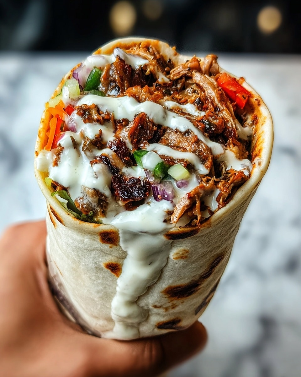 A grilled flatbread wrap folded around several layers, starting with a base of green lettuce leaves, topped with bright red tomato slices on one side, followed by a generous pile of golden brown, crispy grilled meat chunks. The wrap is drizzled heavily with a creamy white sauce that spreads over the meat and some parts of the lettuce. The wrap is partly wrapped in white paper, lying on a wooden board with a soft blurred background. Photo taken with an iphone --ar 4:5 --v 7