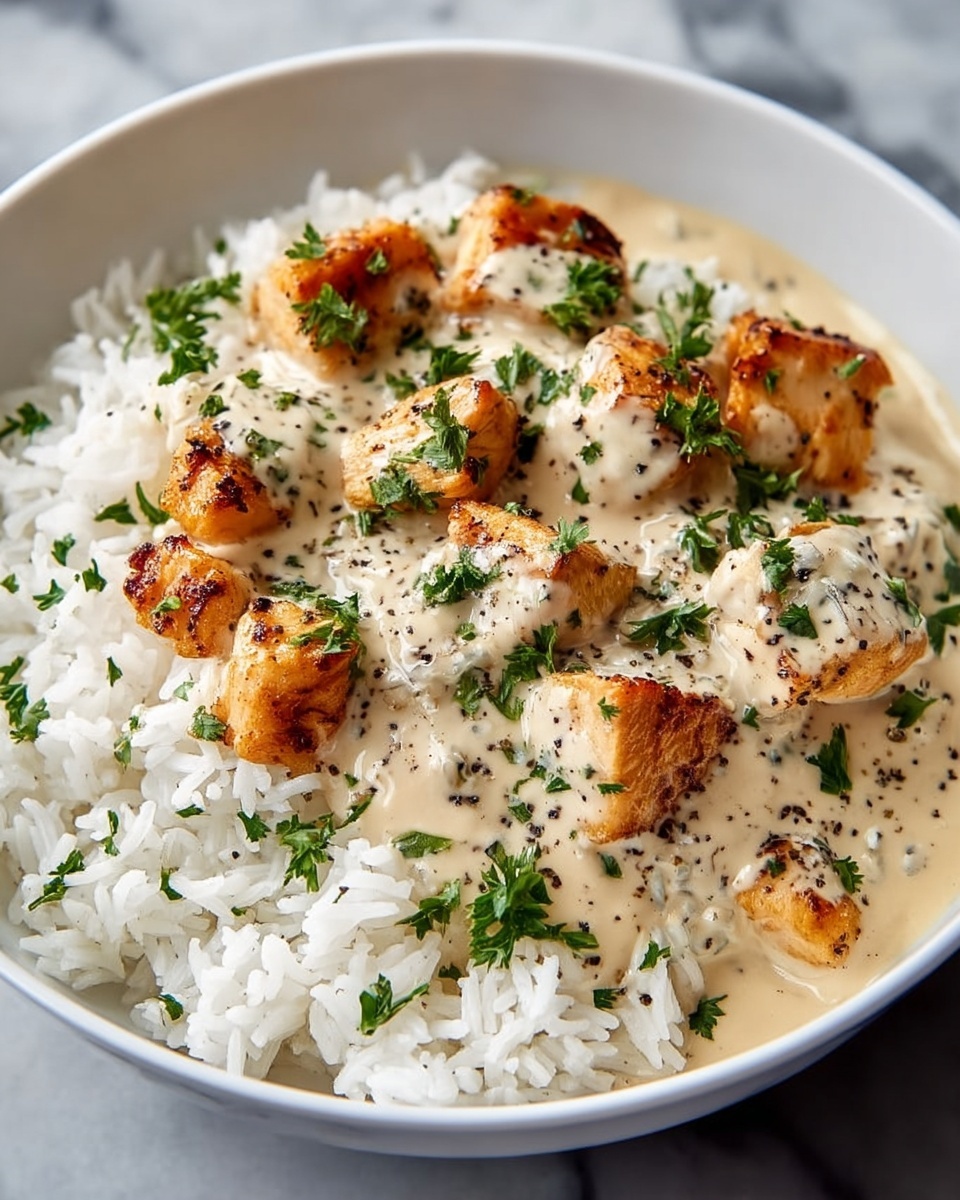 A white bowl holds a dish with two clear layers: the bottom layer is fluffy white rice with separate grains, while the top layer is made up of small golden-brown grilled chicken pieces covered in a creamy off-white sauce speckled with black pepper. Fresh green parsley is sprinkled evenly on top, adding color contrast and texture. The bowl sits on a white marbled surface. photo taken with an iphone --ar 4:5 --v 7