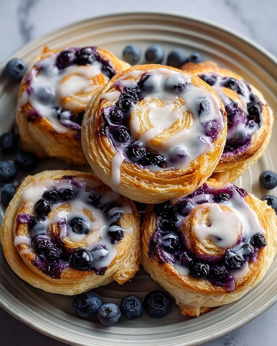 The image shows five round, golden-brown blueberry rolls arranged on a white plate with a dark rim. Each roll has a smooth, creamy dough layer wrapped around a thick, glossy blueberry filling that sits in the center, dark purple in color with some juice dripping slightly over the edges. The dough is soft and slightly shiny, with light browning on the outer edges and a soft cream inside. The white plate rests on a table with a white marbled texture background. Photo taken with an iphone --ar 4:5 --v 7