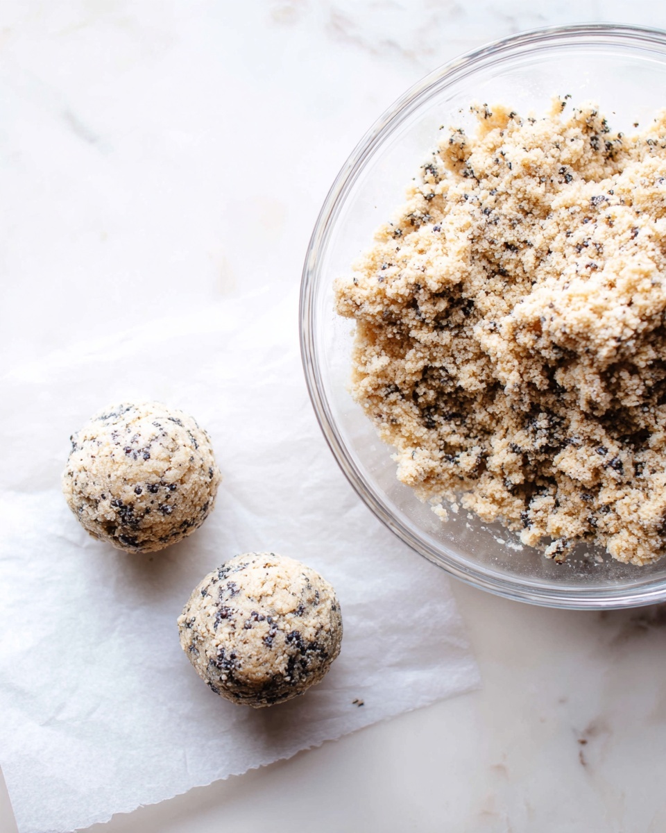 A white round dish lined with crumpled white parchment paper holds a stack of about nine round cookie balls with a rough texture, dark bits inside, and a light brown color. Each ball is drizzled with thin white lines of icing on top and sprinkled with dark cookie crumbs. In the background, a white marbled surface features two more cookie balls with the same drizzle and crumbs, along with two whole dark chocolate sandwich cookies lying flat. The scene is softly lit, giving the dessert a fresh and inviting look. Photo taken with an iphone --ar 4:5 --v 7