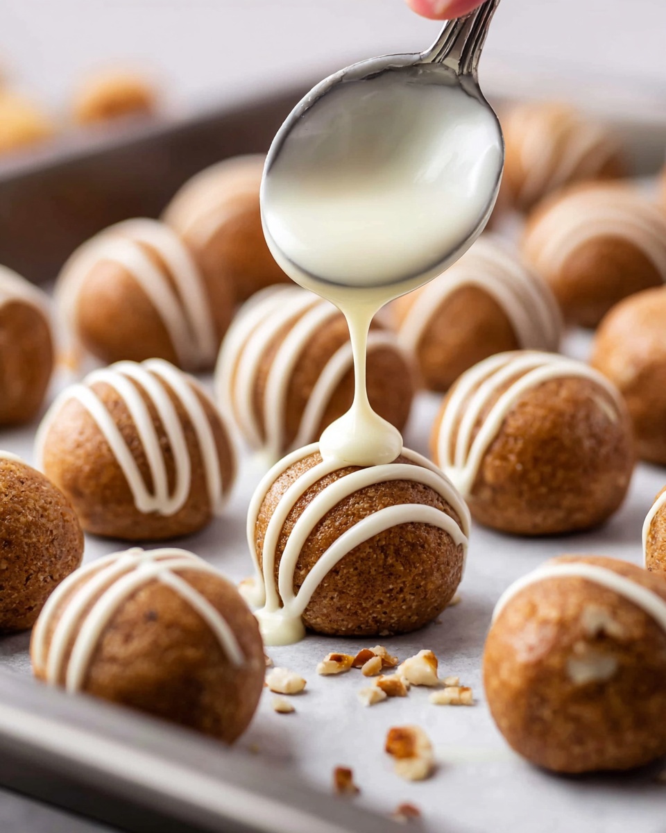 A close-up shot of round brown dough balls with small nut pieces inside, arranged on a silver baking tray with a white marbled background. Some of the balls are plain while others have smooth white icing being drizzled over them in thin lines from a spoon held by a woman's hand above. The white icing contrasts with the warm brown texture of the dough balls. The image has a soft focus on the background dough balls and sharp detail on the one receiving the drizzle, showing the creamy texture of the icing clearly. Photo taken with an iphone --ar 4:5 --v 7