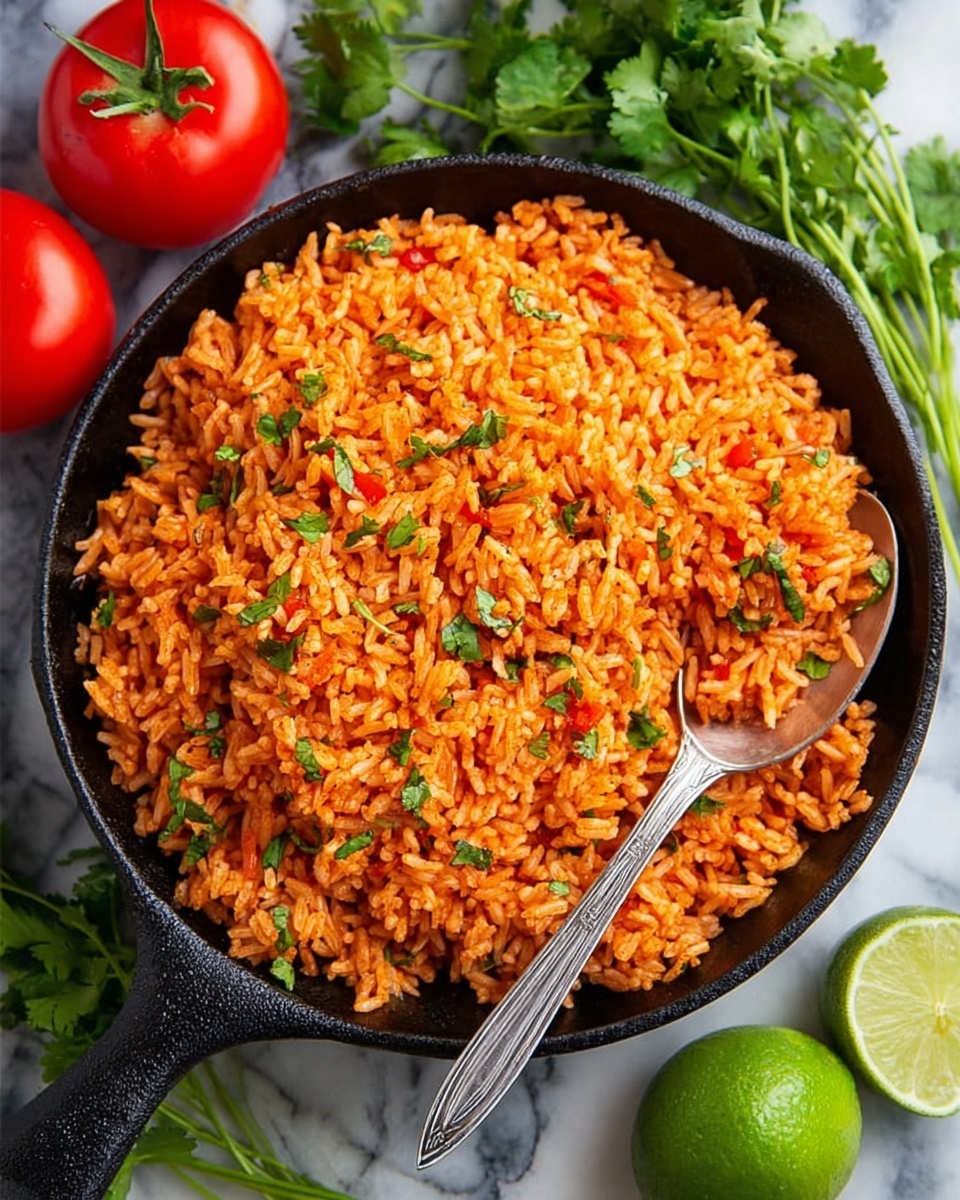 A black cast iron pan filled with fluffy, orange-red Mexican rice with green cilantro pieces sprinkled evenly on top. The rice is well separated, showing a slightly moist texture with vibrant colors. A silver spoon rests inside the pan, slightly digging into the rice on one side. Surrounding the pan are two whole, bright red tomatoes at the top left, fresh cilantro sprigs scattered around, two lime wedges on the top right, and one whole green lime at the bottom. Everything is placed on a white marbled surface. Photo taken with an iphone --ar 4:5 --v 7
