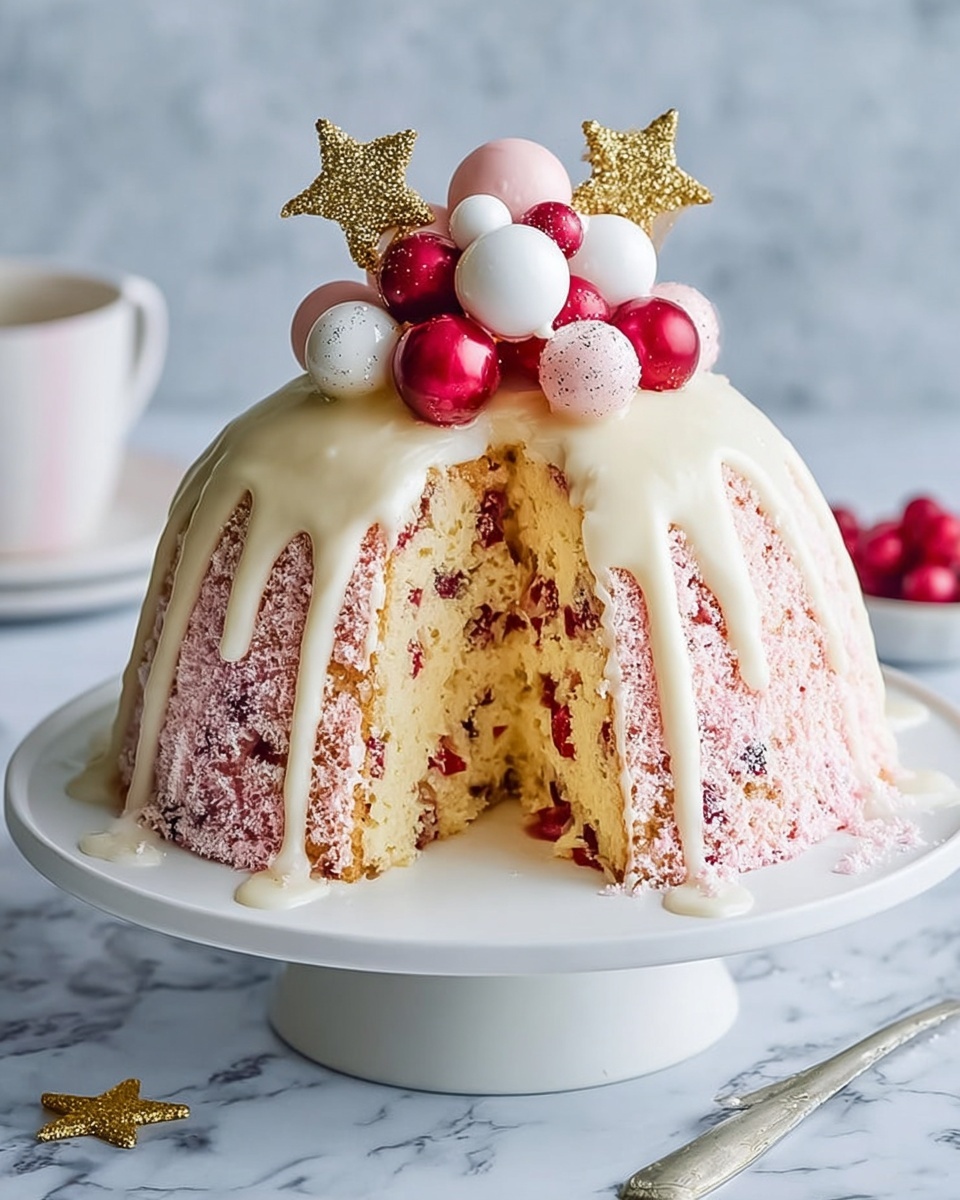 A dome-shaped cake is made from clustered puffed rice mixed with small bits of red and green fruit pieces, giving the base a textured look with white, red, and green dots. It is covered with thick white chocolate that drips down the sides, sprinkled with crushed red crumbs. On top, there is a pyramid of white coconut-covered ball chocolates and three flat yellow star-shaped white chocolates sticking up from behind the balls. The cake sits on a white decorative cake stand with a scalloped edge, placed on a white marbled surface. photo taken with an iphone --ar 4:5 --v 7