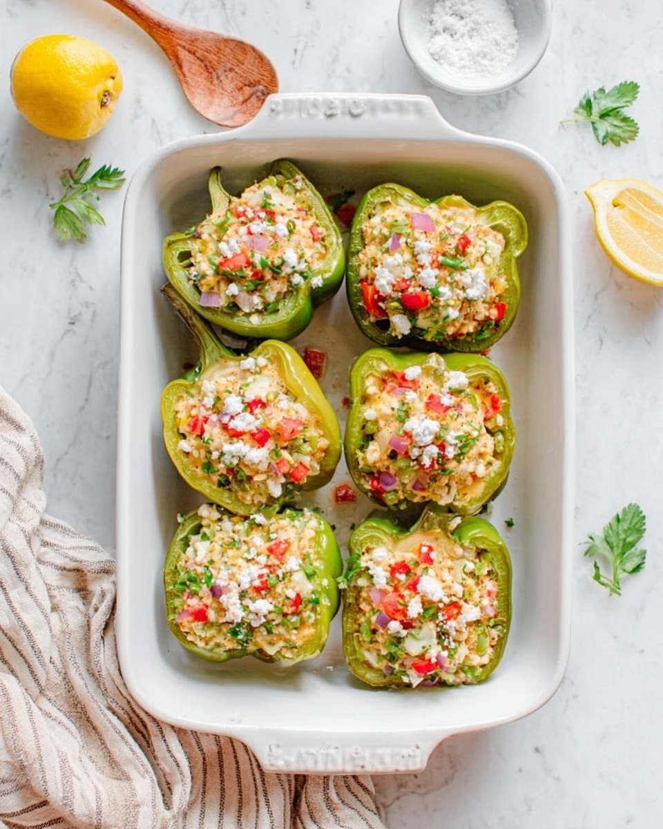 The image shows a white baking dish with six stuffed green pepper halves arranged in two rows of three on a white marbled surface. Each pepper half is filled with a colorful mixture that has a creamy texture, topped with small white crumbles and bright red bits, possibly tomatoes, scattered on the filling. The filling appears soft and slightly chunky, with visible pieces of lighter-colored grains or cheese, and finely chopped greens sprinkled on top. A wooden spoon and a small bowl with a white substance are visible near the top, and half a lemon and some green garnish lie around the dish. A soft cloth with beige and white stripes is draped near the bottom left corner. Photo taken with an iphone --ar 4:5 --v 7