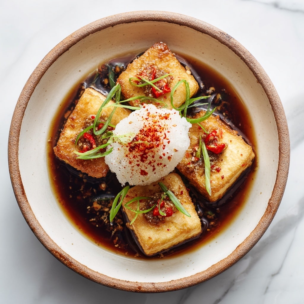 A white bowl holds two golden-brown fried tofu cubes soaked in a light brown broth. The tofu cubes have a slightly crispy texture on the outside. On top of the tofu, there are small chopped green onions and thin, light beige flakes that look delicate and airy. The bowl sits on a white marbled surface with a suggestion of a bamboo mat pattern peeking from the side. photo taken with an iphone --ar 4:5 --v 7