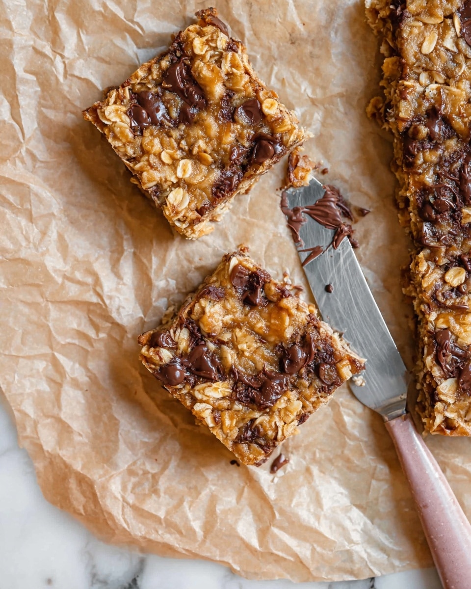 The image shows two square oatmeal bars stacked on top of each other on a light wooden surface. Each bar has two visible layers: the top layer is a golden-brown, crumbly oat mixture with a rough texture, while the bottom layer is a dense, moist filling with visible chunks of banana and a soft, chewy texture with a light brown color. The background is blurred but suggests more bars, with a dark, out-of-focus backdrop that contrasts with the oat bars. photo taken with an iphone --ar 4:5 --v 7