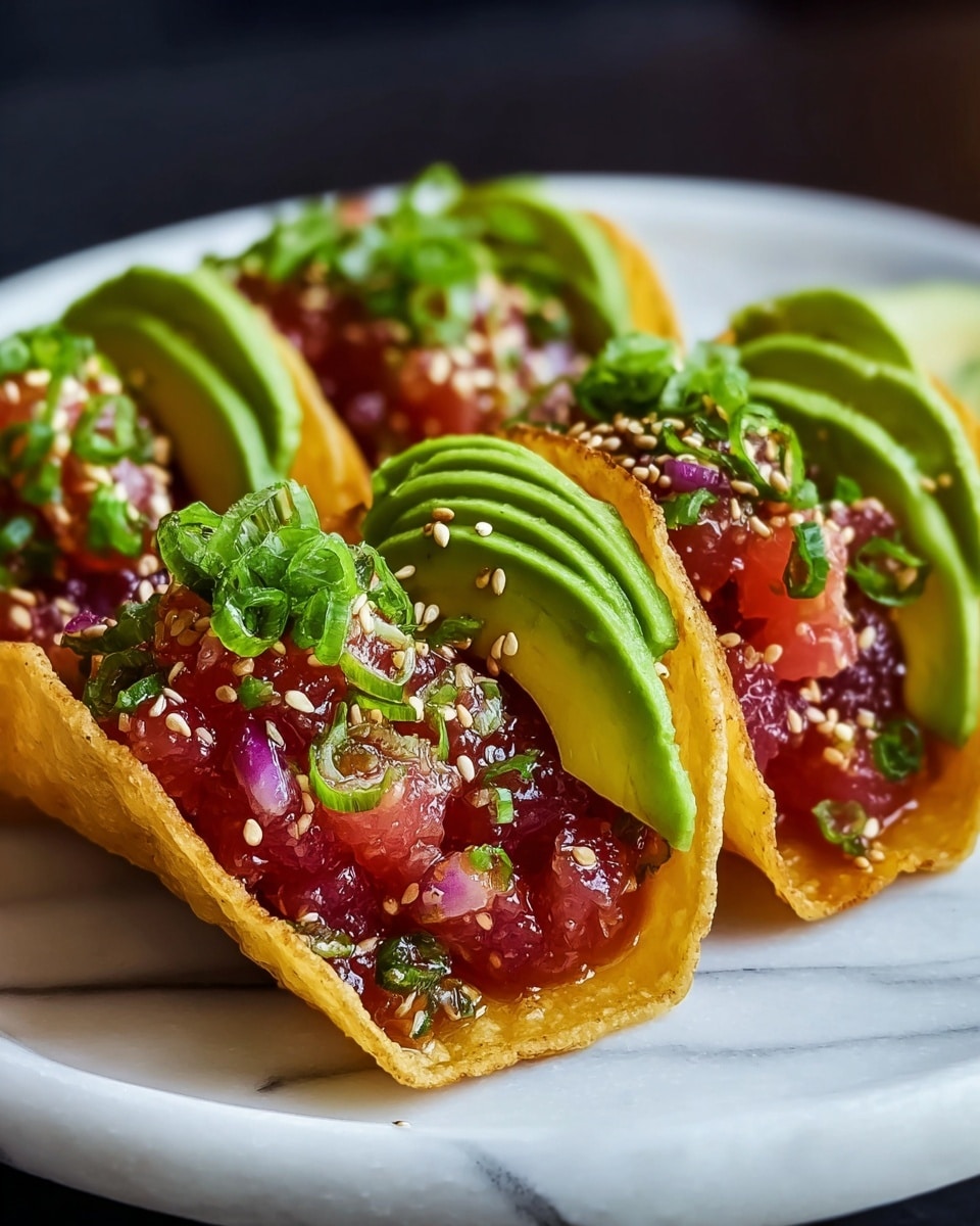 The image shows small crispy yellow taco shells filled with three main layers. The bottom layer is fresh, red cubed tuna mixed with tiny green herbs and bits of purple onion. The middle layer is a light green slice of avocado, slightly curved and smooth. The top layer is sprinkled with toasted light brown sesame seeds and chopped green onions, adding texture and color contrast. These tacos are arranged closely on a white plate on a white marbled surface, with a dark blurred background to highlight the vibrant colors of the dish. Photo taken with an iphone --ar 4:5 --v 7