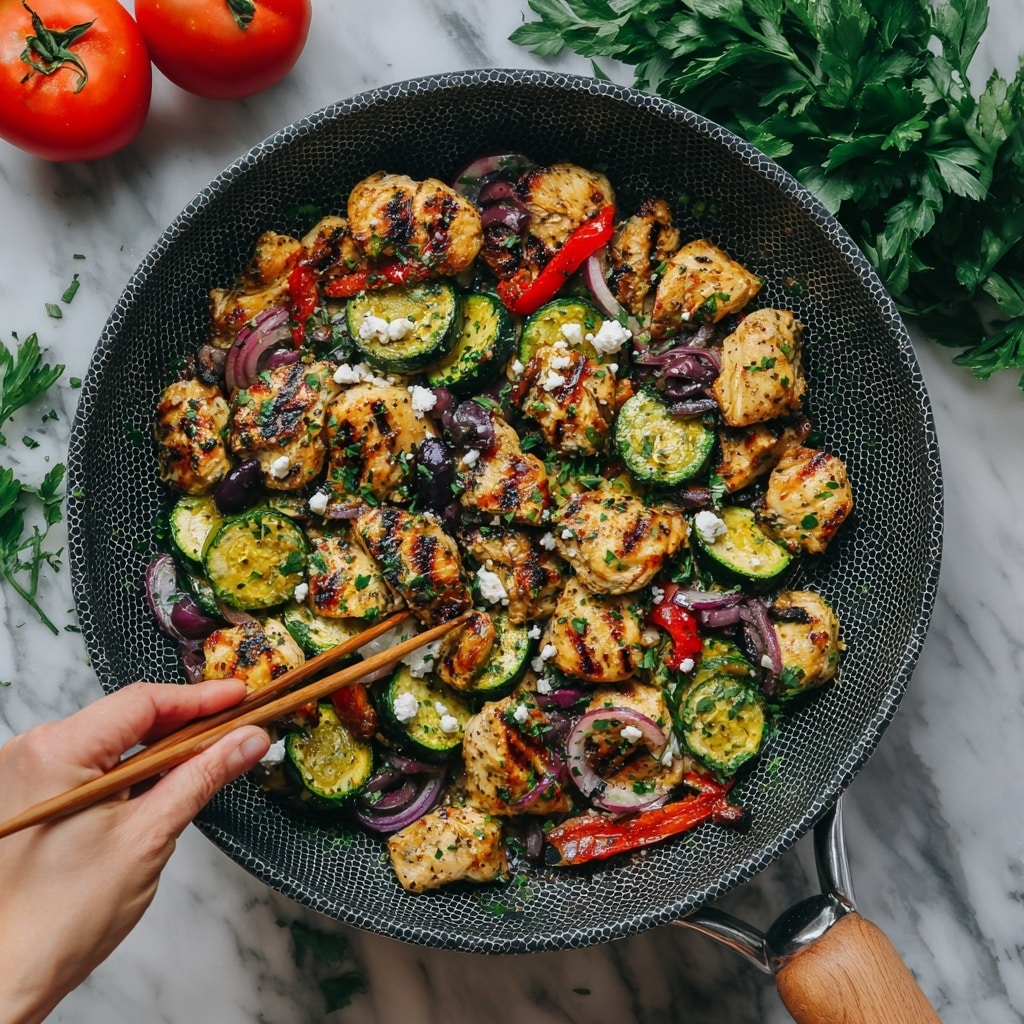 In a dark grey pan with a honeycomb pattern, there are several pieces of grilled chicken breast with golden brown grill marks on top. The chicken pieces sit on a bed of colorful sautéed vegetables that include bright red cherry tomatoes, green spinach leaves, yellow and red bell peppers, light brown sliced mushrooms, and some thin strips of light yellow potato or zucchini. A woman's hand with light-colored chopsticks is picking up a piece of chicken from the pan. The pan is placed on a white marbled surface with some fresh vegetables like a tomato and parsley nearby. photo taken with an iphone --ar 4:5 --v 7