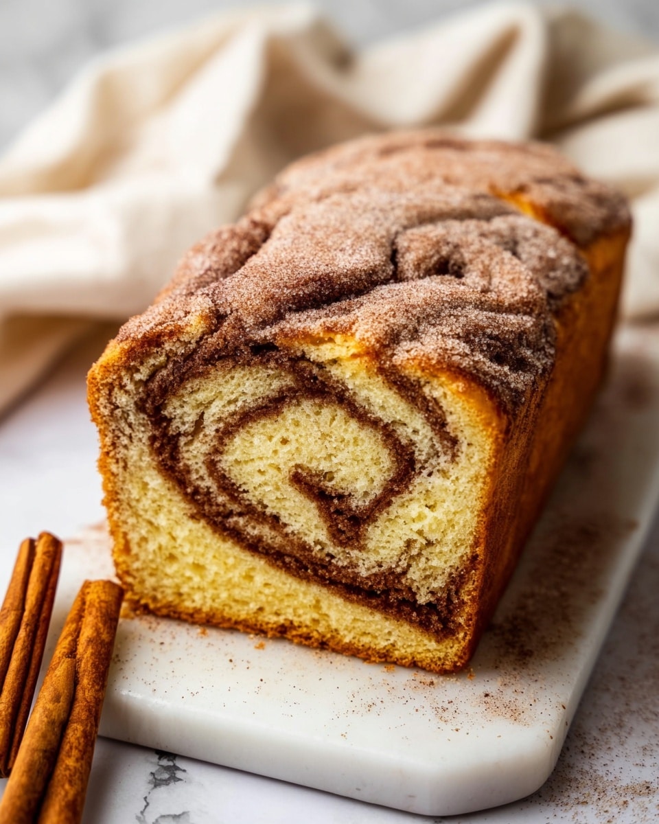 A thick slice of cinnamon swirl bread with a golden-brown crust sits on a wooden board. The bread's top shows a clear spiral pattern of cinnamon and sugar dark brown filling swirled through soft, light yellow cake-like layers. The texture looks moist and fluffy inside, with a slight shine on the cinnamon part. In the background, there is a white bloomed butter dish and some cinnamon sticks placed on a white marbled surface. photo taken with an iphone --ar 4:5 --v 7