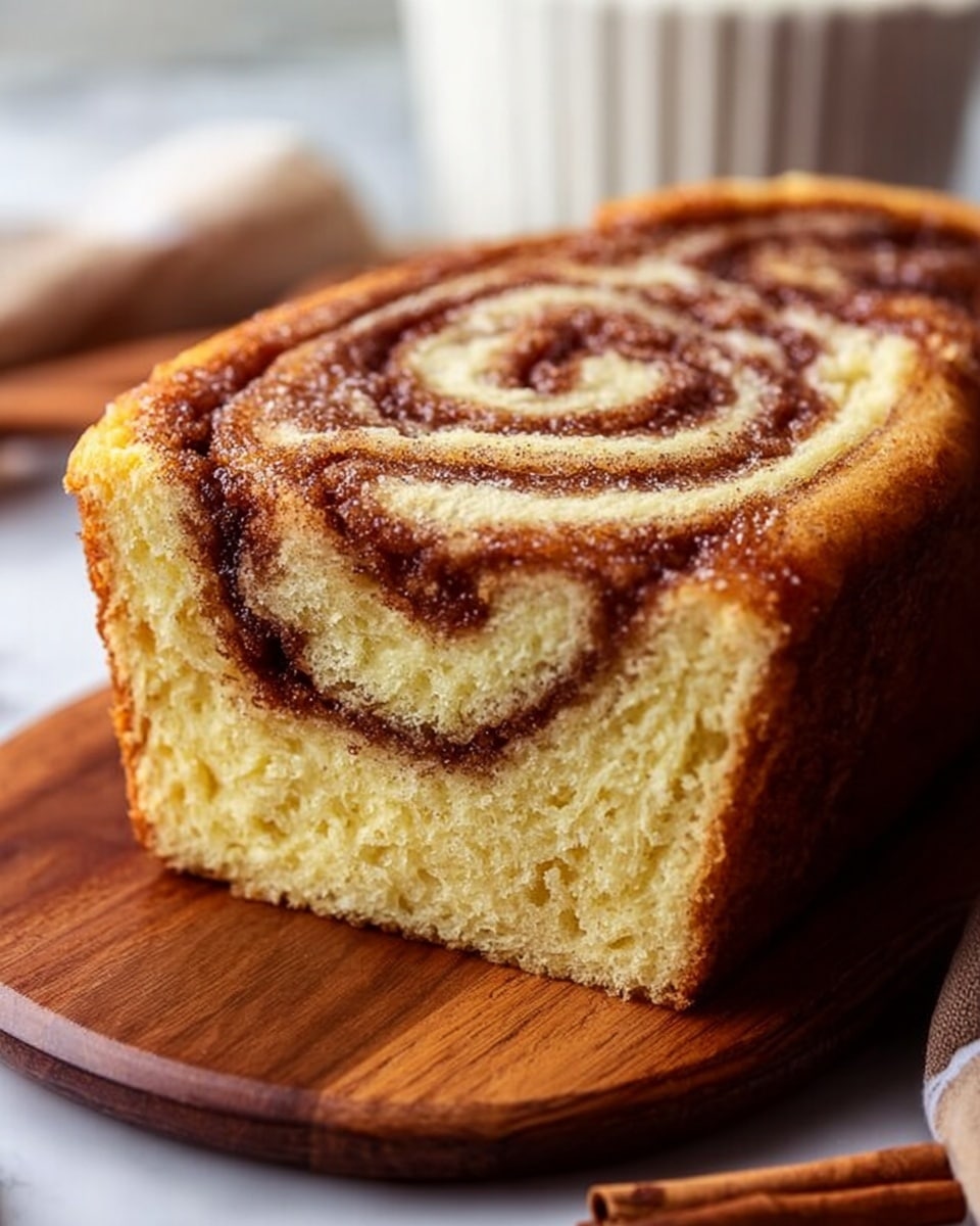 The image shows a loaf of cinnamon swirl bread sitting on a white board with a white marbled surface beneath. The bread has two main layers: a soft yellow cake-like bread base with a dark brown cinnamon swirl running through it, creating a wavy pattern inside and on top. The top layer is textured with a dusting of sugar and cinnamon, adding a slightly grainy appearance. To the left of the loaf, there are two cinnamon sticks resting at an angle, and in the background, a soft white cloth is casually draped, adding softness to the scene. photo taken with an iphone --ar 4:5 --v 7