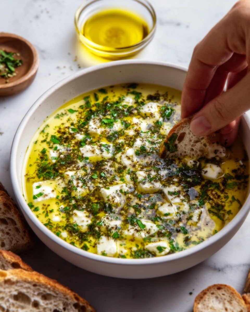 A white bowl filled with creamy soup that has a yellowish-green color mixed with chopped herbs and small soft white cheese pieces floating on top. The surface shows a glossy layer of olive oil with a sprinkle of dark green herbs, giving a fresh look. A woman's hand is reaching from the upper right side, just about to dip into the soup. Around the bowl, there are some slices of brown bread and a small glass bowl of golden olive oil. The background and surface are white with a soft marble texture, creating a clean and bright setting. photo taken with an iphone --ar 4:5 --v 7