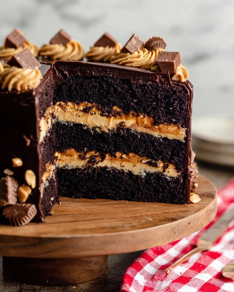 A thick slice of three-layer dark chocolate cake with two smooth peanut butter cream layers between the chocolate spongy layers sits on a wooden round stand. The top layer is covered with dark chocolate ganache and decorated with small pieces of peanut butter cups and a swirl of light brown peanut butter cream. The background and surface have a white marbled texture with a red and white checkered cloth nearby. Photo taken with an iphone --ar 4:5 --v 7