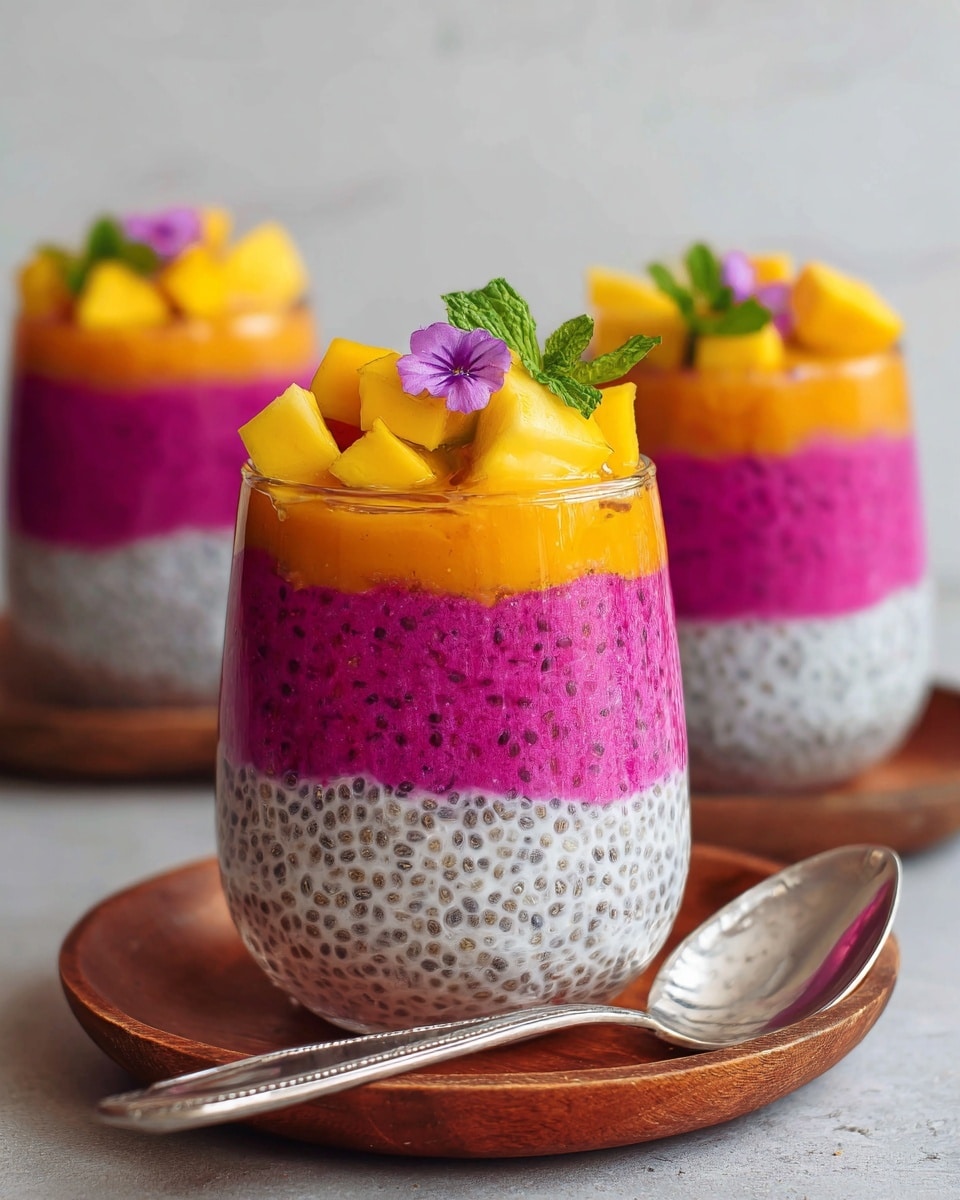A clear glass filled with five distinct layered textures stands on a wooden plate against a white marbled background. The bottom layer is a bright pinkish-purple smooth mixture, topped by a white chia seed pudding layer with visible black seeds, followed by a thick layer of vibrant orange puree. Above that is another bright pinkish-purple layer with tiny black specks, and the top is garnished with chunks of fresh yellow mango, a small green mint leaf, and a small purple flower. A metallic spoon rests on the wooden plate next to the glass, and two similar glass cups with the same layered dessert sit slightly out of focus in the background. Photo taken with an iphone --ar 4:5 --v 7