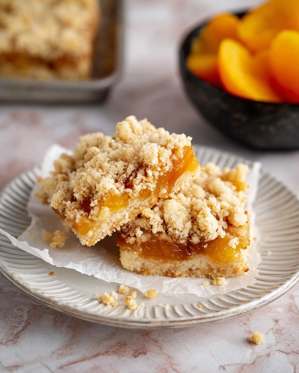 Nine square pieces of fruit crumble bars are arranged on white parchment paper, each bar showing three distinct layers: a light brown crumbly base, a thick bright orange fruit filling in the middle, and a top layer of crunchy golden crumbs mixed with visible oat flakes and sliced almonds. The bars have a light drizzle of white icing scattered across the crumbly top, adding a glossy touch. In the background, part of a white marbled surface is visible along with a colorful checkered cloth and a stack of three white plates off to one side. Photo taken with an iphone --ar 4:5 --v 7