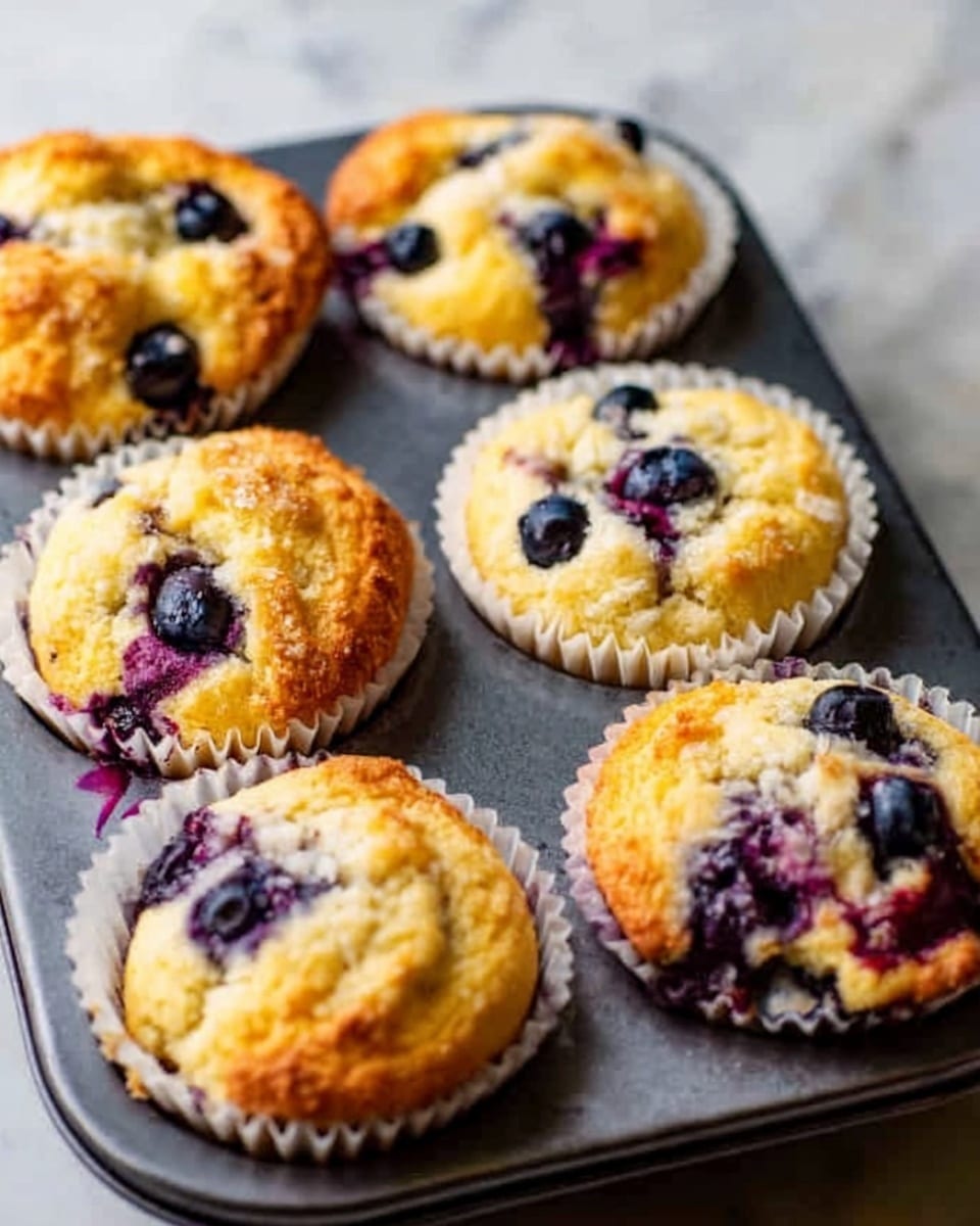 The image shows several blueberry muffins on a metal cooling rack placed on a wooden surface with a blurred blue cloth and two yellow lemons in the background. Each muffin has a golden-brown base with dark blue blueberries visible on the top and inside, and is topped with a light sprinkling of yellow lemon zest, giving a fresh and textured look. The muffins are in brown paper liners, and the tops are slightly rounded and cracked, showing a soft and moist texture. The whole scene is set against a white marbled textured surface. photo taken with an iphone --ar 4:5 --v 7