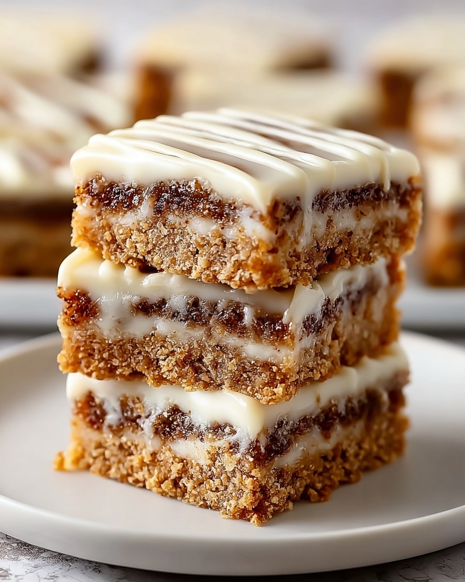 A stack of three square dessert bars sits neatly on a white plate, each bar showing a crumbly golden-brown bottom layer, a thick middle layer filled with dark brown cinnamon-speckled filling, and a smooth, creamy white icing layer on top. The icing is glossy and has thick, even lines piped across the top, adding texture and contrast to the rougher crumbly layers below. The background features a soft focus of similar stacked bars on the same white marbled texture. photo taken with an iphone --ar 4:5 --v 7