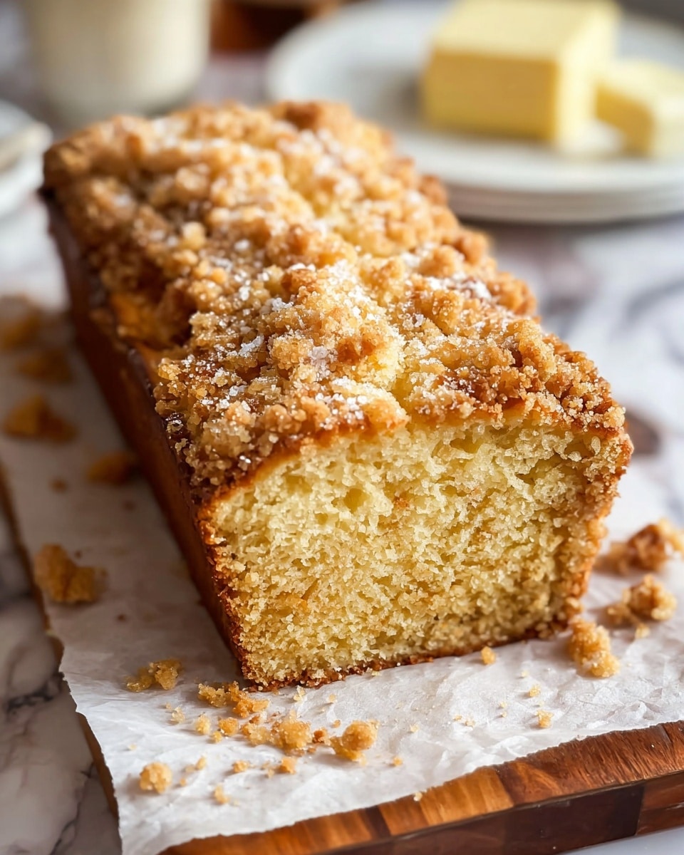 The image shows a light golden yellow loaf cake sliced to reveal its soft, moist texture inside with small air pockets. The top of the cake has a crumbly, golden brown streusel layer that adds a rough texture and a crunchy look. The loaf sits on a white plate with some cake crumbs scattered around it. The background features a white marbled texture surface, adding a clean and simple setting. photo taken with an iphone --ar 4:5 --v 7