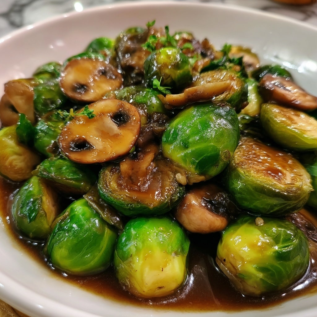 A white shallow bowl filled with about three layers of roasted Brussels sprouts, each cut in half showing a golden brown, caramelized surface on top with charred dark green, almost black crispy edges. The sprouts have a shiny, glazed look with small green herb leaves sprinkled on top. The bowl is placed on a white marbled texture. photo taken with an iphone --ar 4:5 --v 7