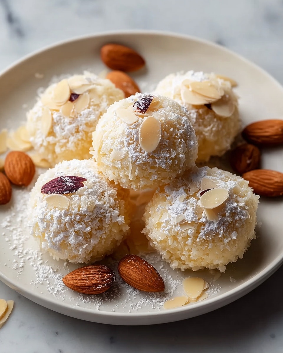 The image shows six round coconut sweet balls on a white plate, each ball layered with a light golden base covered entirely in shredded coconut, giving them a fluffy texture. They are sprinkled with white powdered sugar on top, and thin, light brown almond slices are scattered unevenly over the balls, adding contrast. Three whole brown almonds are placed around the balls at the base for decoration. The plate sits on a white marbled surface. photo taken with an iphone --ar 4:5 --v 7