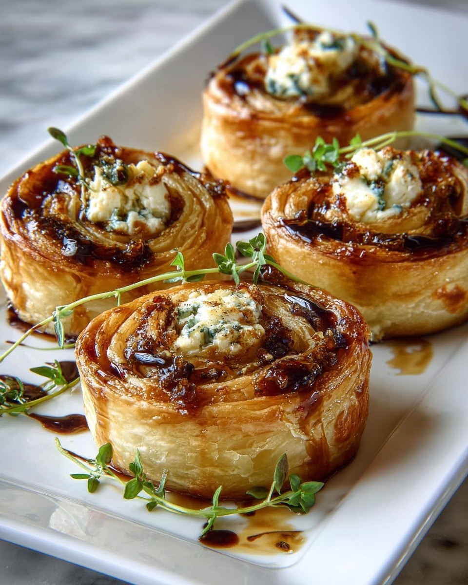 The image shows four round, golden-brown puff pastry rolls on a white rectangular plate set on a white marbled surface. Each roll has several visible layers of flaky pastry, with the outer layers being light golden and the inner layers darker and caramelized. On top of each roll is a small dollop of creamy white cheese sprinkled with some seasoning, and a drizzle of dark balsamic glaze adds shine and contrast. Fresh green herb sprigs are placed on and around the rolls, adding a touch of color and freshness. The rolls look soft yet crispy on the outside, and there is a slight pooling of the glaze on the plate near the rolls. Photo taken with an iphone --ar 4:5 --v 7