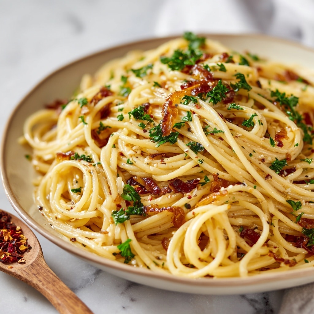 A close-up view of a dish showing a mound of translucent white noodles with a glossy texture, piled in the middle of a white plate with a slightly rough surface. The noodles are mixed with thin, dark brown caramelized onion strips scattered evenly on top and throughout. Small green herb leaves are sprinkled lightly over the noodles, adding a touch of color contrast. The plate is placed on a white marbled surface with some chili flakes visible on a wooden spoon near the bottom left corner. Photo taken with an iphone --ar 4:5 --v 7