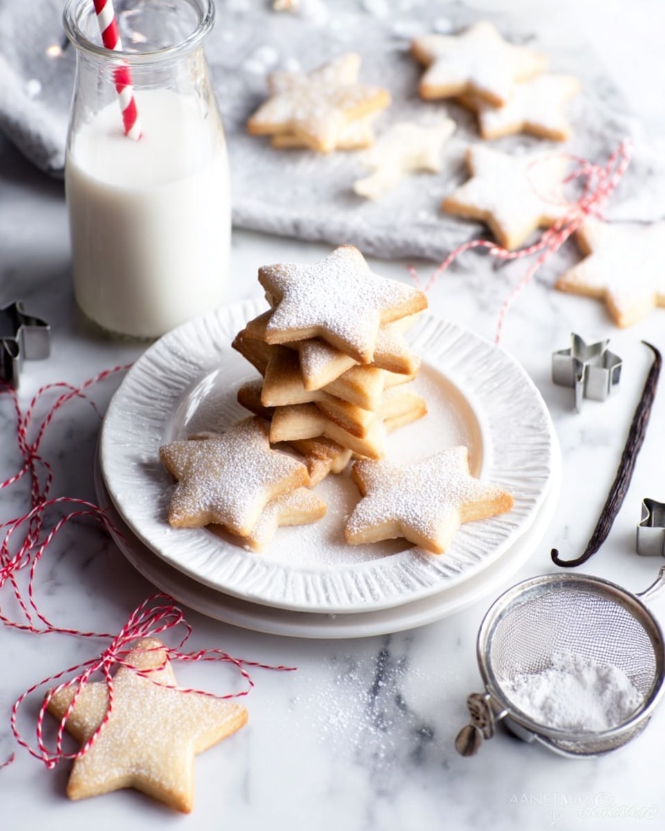 The image shows a white plate stacked with star-shaped cookies, some plain golden-brown and some covered with a light dusting of powdered sugar, placed on a larger white plate with a ridged texture. Around the plates, more star cookies are scattered on a white marbled surface, with a few tied together with red and white striped string. To the upper left, there is a glass bottle filled with milk and a red and white striped straw inside. On the lower right side, a metal sieve holds extra powdered sugar, with some sugar sprinkled on the marble surface near the sieve. Vanilla pods and silver star-shaped cookie cutters lie near the upper right corner. The overall setting is bright and airy with a cozy, festive feel. photo taken with an iphone --ar 4:5 --v 7
