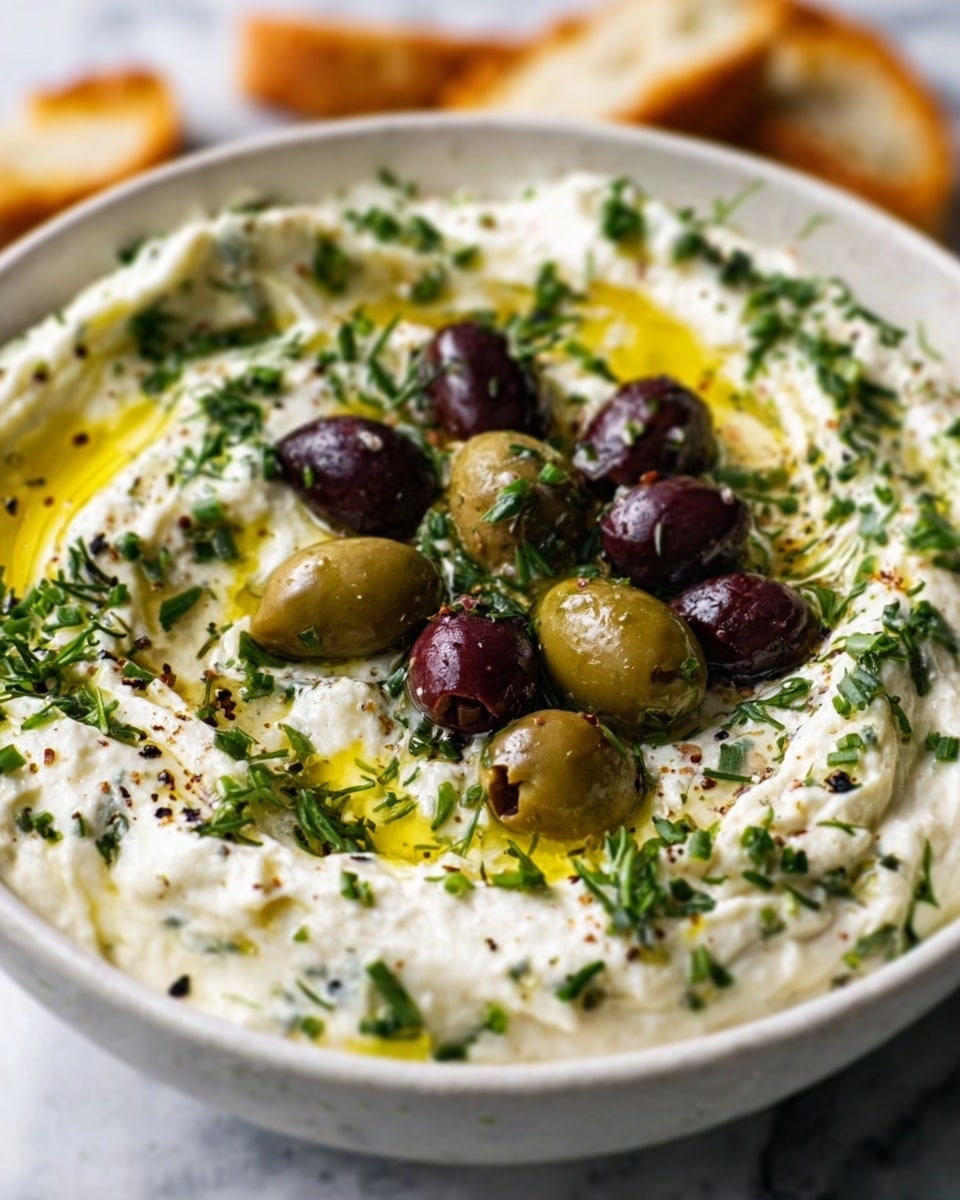 The image shows a white bowl filled with a creamy, white dip topped with a mix of black and green olives in the center. Around the olives, there are small green herb pieces sprinkled evenly on the dip, with a drizzle of golden olive oil adding shine and richness. The dip looks smooth but slightly textured with small bits of herbs inside, sitting on a white marbled surface. Photo taken with an iphone --ar 4:5 --v 7