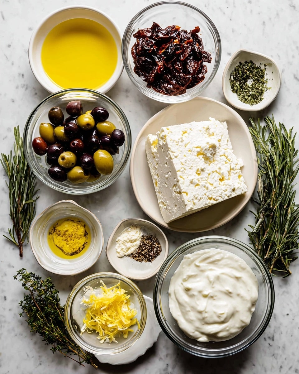The image shows an overhead view of multiple small white dishes and bowls arranged on a white marbled surface. At the top left, a white bowl holds bright yellow olive oil. Next to it is a clear glass bowl filled with chopped dark brown sun-dried tomatoes. Below is another clear glass bowl with a mix of green and black olives. To the right, a white plate has a large rectangular block of white feta cheese with a crumbled texture. In the center sits a clear glass bowl with thick, white creamy yogurt. Around these are smaller white dishes with yellow lemon zest, coarse black pepper, and finely chopped fresh green herbs. A few sprigs of fresh green rosemary lay on a white plate to the right. The overall look is bright and fresh with contrasting colors on a clean white marbled background. photo taken with an iphone --ar 4:5 --v 7
