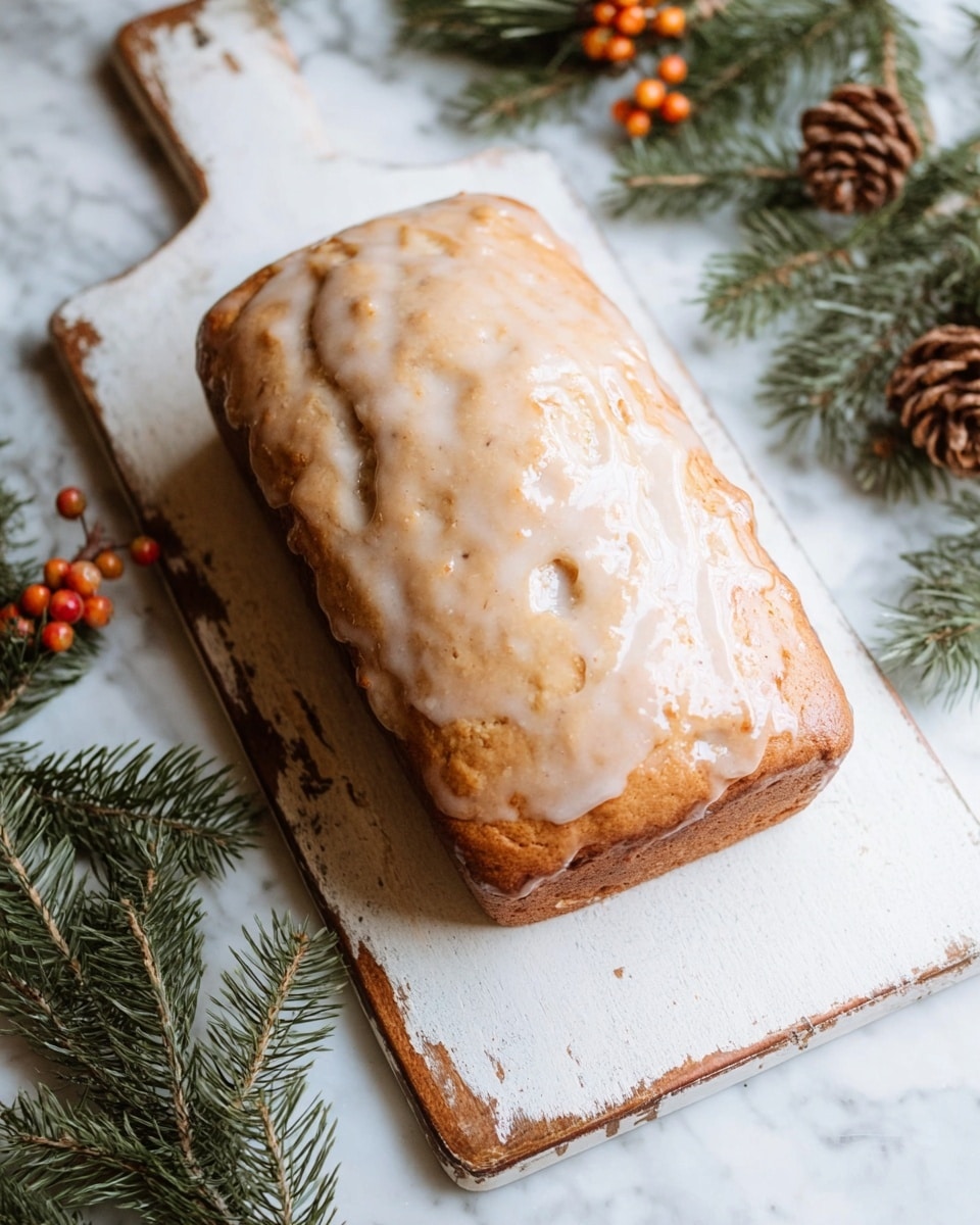 A single loaf of glazed bread sits centered on a white wooden cutting board with worn, rustic edges showing some brown stains. The bread has a light brown, slightly bumpy crust, with a glossy, smooth glaze covering the top, showing a few fine cracks. Around the cutting board, sprigs of green pine with small orange berries and brown pine cones frame the scene. The setup rests on a white marbled surface that softly reflects natural light. photo taken with an iphone --ar 4:5 --v 7