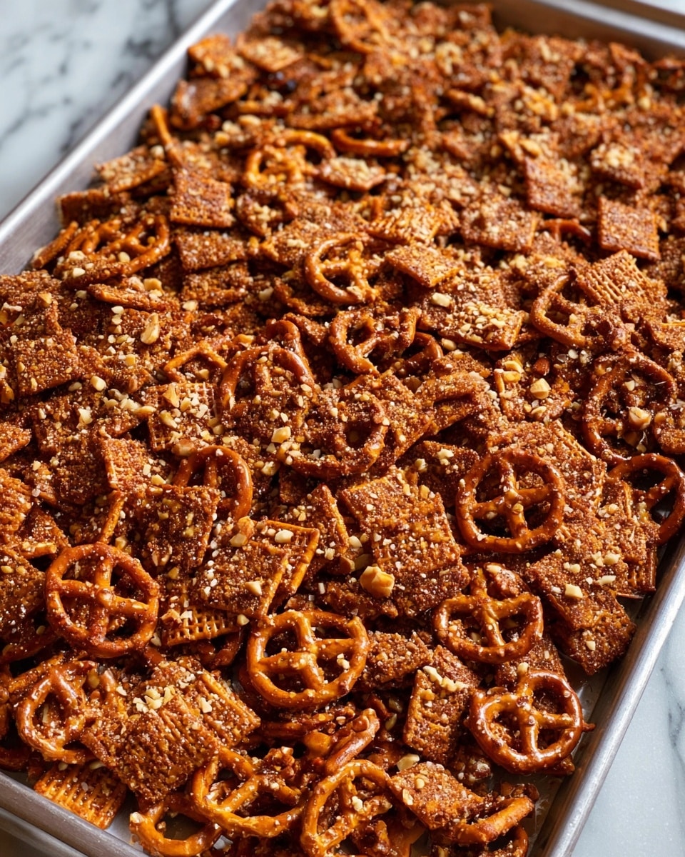 A large tray filled with many small square pretzels covered in a crunchy, golden brown coating that looks like a mix of sugar and nuts. The pretzels are spread out evenly across the tray, showing a textured surface with bits of chopped nuts sprinkled on top, giving them a rough and crunchy look. The whole scene sits on a soft, white marbled surface. photo taken with an iphone --ar 4:5 --v 7