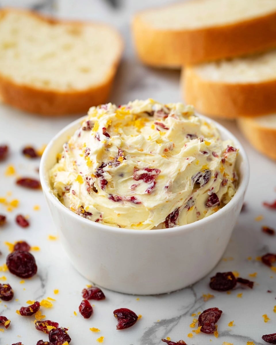 A close-up image shows a woman's hand holding a small piece of light-colored bread with a soft texture. The bread is thinly sliced and topped with a creamy spread mixed with red bits that look like dried fruit or berries. The creamy spread has a pale yellow color and a smooth texture with small red pieces evenly scattered throughout. Another woman's hand is using a silver knife to spread the mixture on the bread. The background features a white marbled surface with blurred slices of bread and similar spreads in the back. Photo taken with an iphone --ar 4:5 --v 7