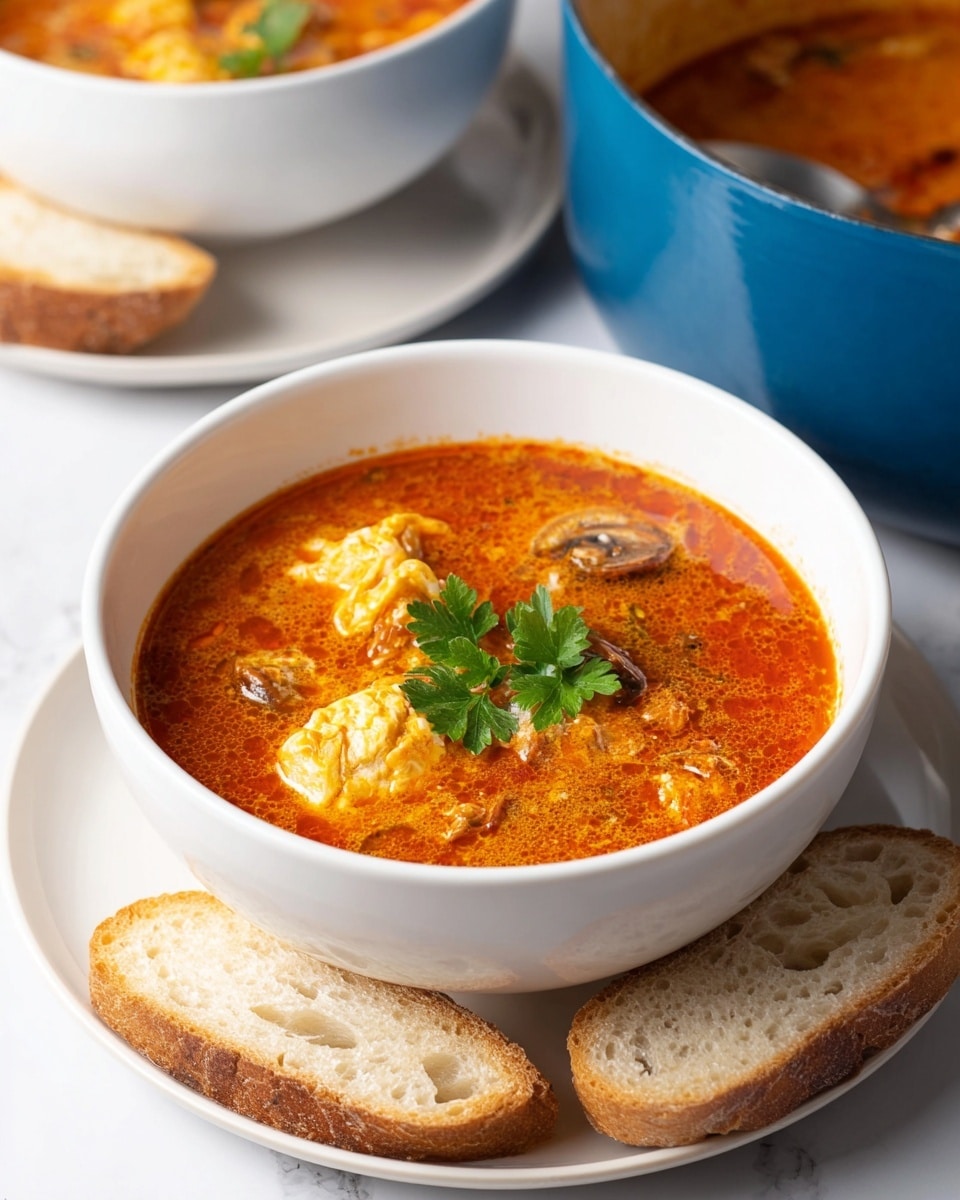 A white bowl filled with rich reddish-orange shrimp soup showing visible pieces of shrimp and small bits of egg floating in the broth. A silver spoon is lifting a spoonful of soup, capturing shrimp, egg, and broth in mid-air. In the background, parts of a second white bowl of soup and a blue pot are visible, all placed on a white marbled surface. Two slices of toasted bread lie beside the bowl in the foreground. The lighting highlights the soup’s glossy texture and warmth. Photo taken with an iphone --ar 4:5 --v 7