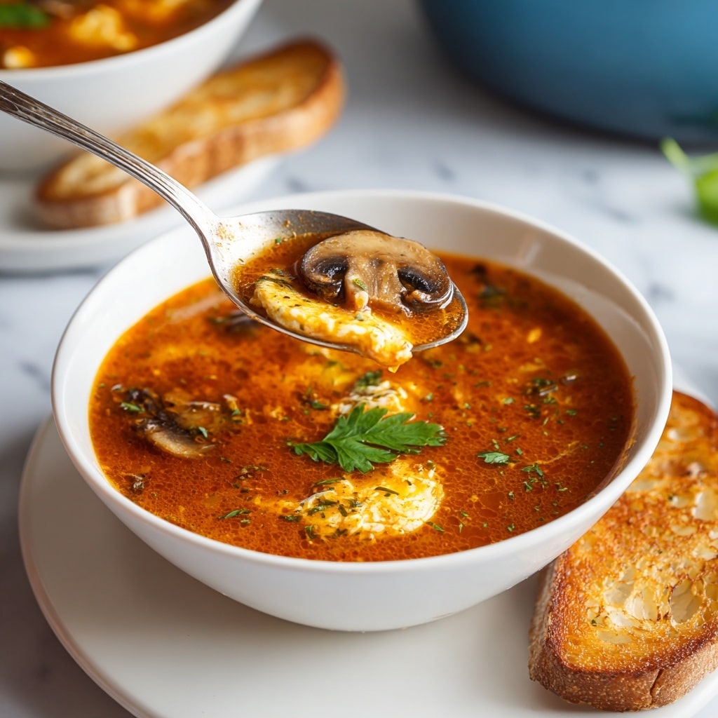 A white bowl filled with bright orange-red soup, showing a textured surface with pieces of cooked egg and slices of mushrooms floating inside. The soup has a glossy look, topped with a small green parsley leaf in the middle. The bowl is on a white plate with two slices of toasted bread, light golden with visible holes and crisp edges. In the background, another white bowl with the same soup and a blue pot are partly visible, all placed on a white marbled surface. photo taken with an iphone --ar 4:5 --v 7