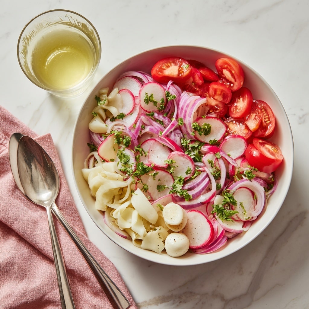 A close-up image showing a white bowl filled with a colorful salad. The salad has several layers: the bottom layer includes red tomato slices and some pieces of onion. On top, there are thinly sliced radishes, small white round slices that look like hearts of palm, and chopped green herbs scattered across. A woman's hand is seen pouring a creamy light yellow dressing from a glass jar in the top right corner, drizzling it over the salad. The bowl sits on a white marbled surface. Photo taken with an iphone --ar 4:5 --v 7