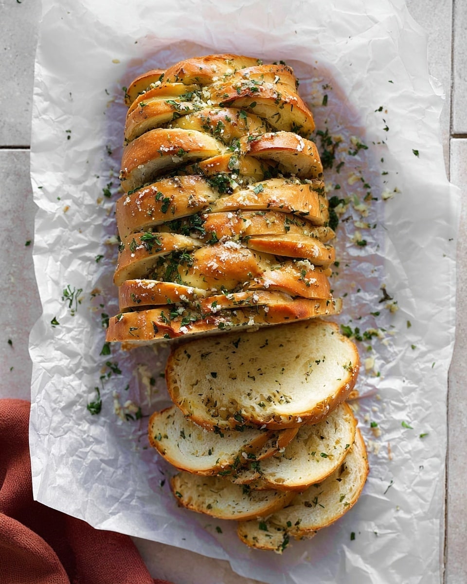 A loaf of garlic bread sits on crumpled white parchment paper against a white marbled surface, with the top half showing multiple twisted layers of golden-brown bread sprinkled with green herbs and coarse salt, while the bottom half is sliced into thick pieces revealing a soft, pale interior also flecked with herbs. Photo taken with an iphone --ar 4:5 --v 7
