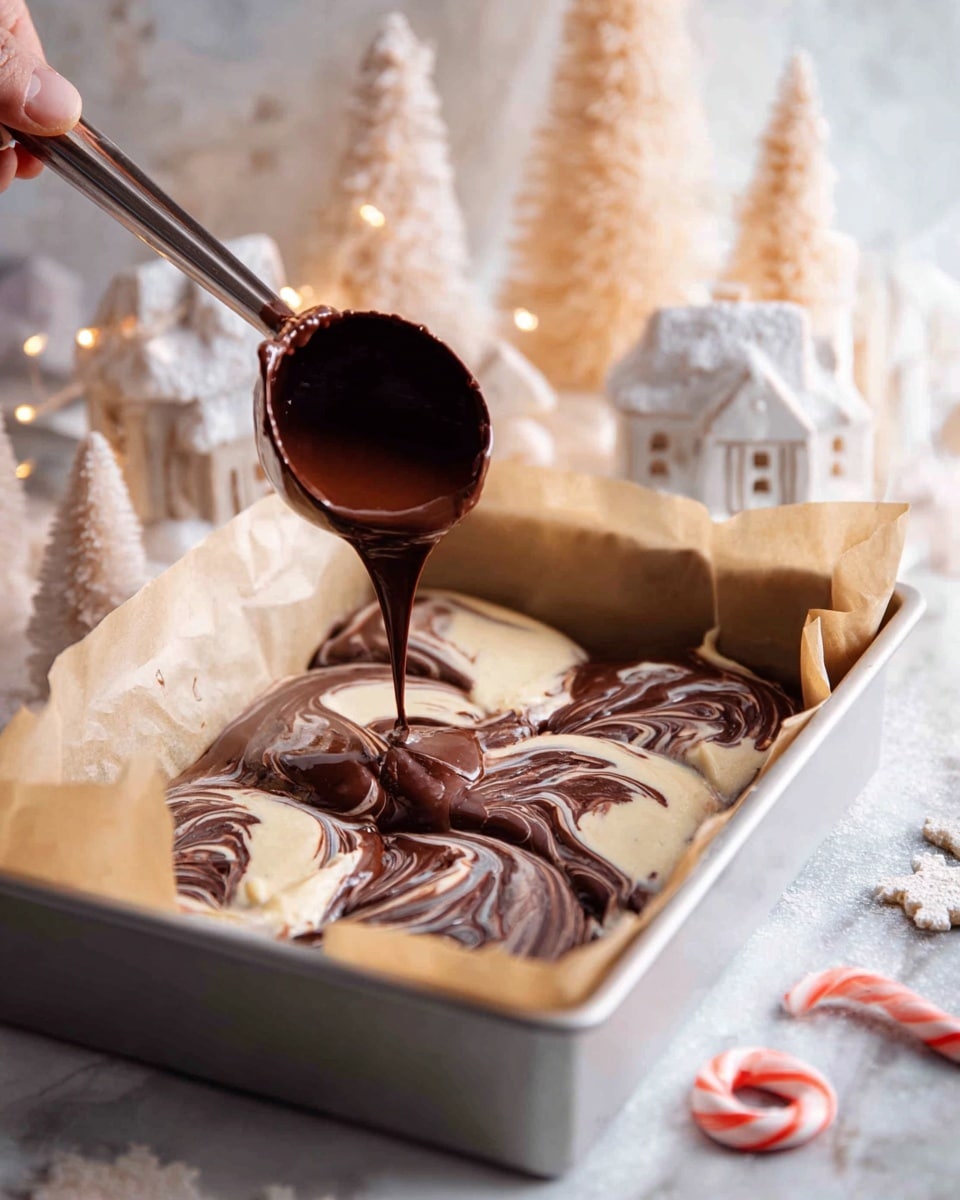 The image shows square brownie pieces with three visible layers on a white marbled surface. The bottom layer is a thick, dark brown brownie base, the middle layer is creamy white cheesecake, and the top layer has a swirled pattern of white and dark brown chocolate with small red and white broken peppermint pieces scattered on top. The texture looks smooth and rich, with a clear division between each layer. Photo taken with an iphone --ar 4:5 --v 7