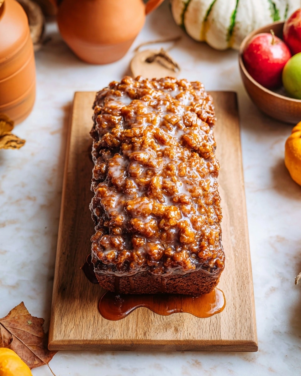 A loaf cake with three visible slices cut in front, showing a soft light brown crumb with chunks inside. The top layer is a glossy caramel or pecan glaze, dark brown with a shiny, sticky texture, dripping slightly down the sides. The cake is set on parchment paper over a wooden board, with a blurred background including pumpkins and a white ceramic container on a white marbled surface. photo taken with an iphone --ar 4:5 --v 7