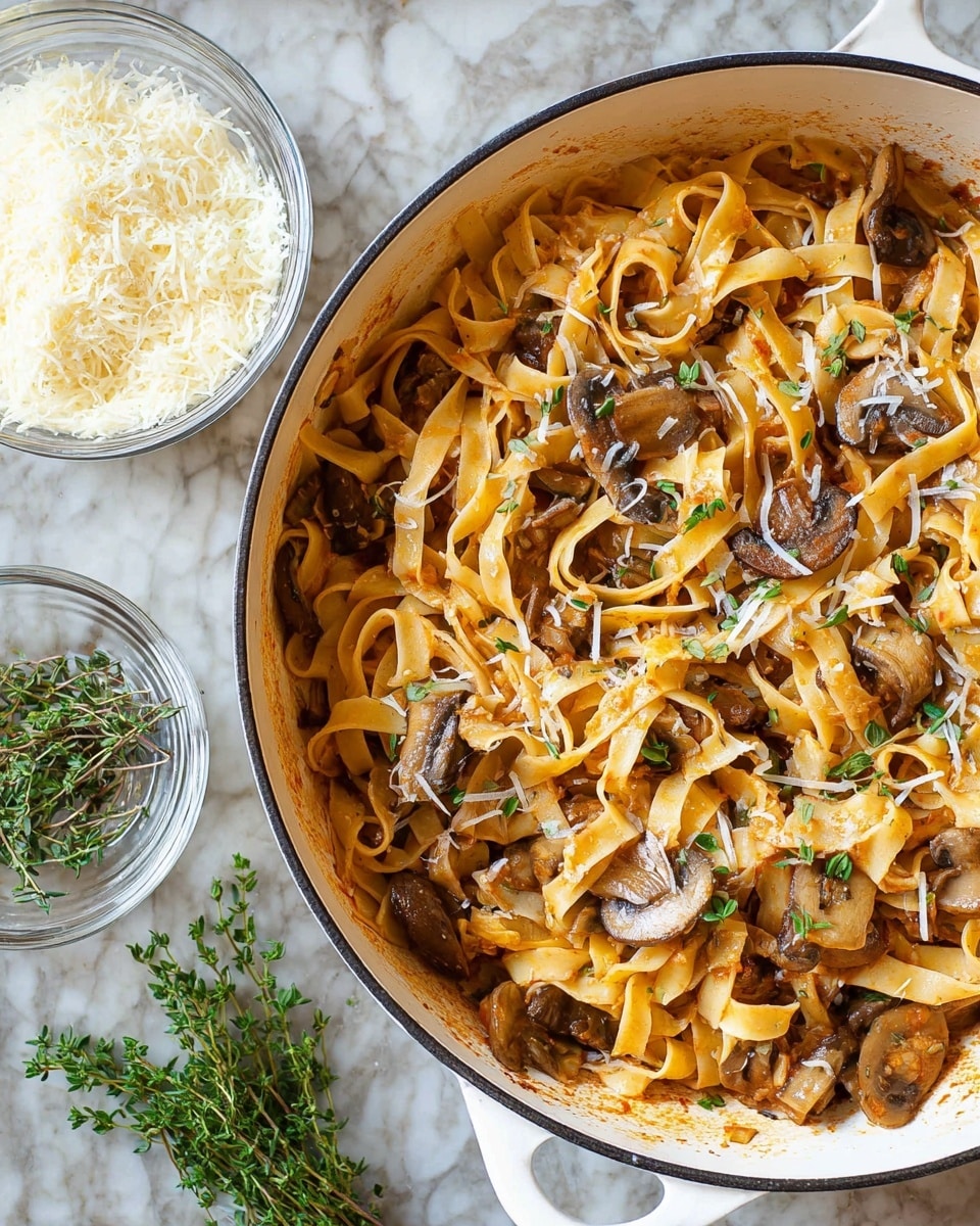 A white bowl holds a serving of wide, folded pasta ribbons mixed with dark brown, thick mushroom pieces and caramelized onions. The pasta is pale yellow with a slightly glossy texture and is scattered with small red chili flakes. Thin green rosemary sprigs and thin white shavings of cheese are layered on top, adding touch of freshness and contrast. A vintage silver spoon and fork rest on the left side of the bowl, placed on a white marbled surface. photo taken with an iphone --ar 4:5 --v 7
