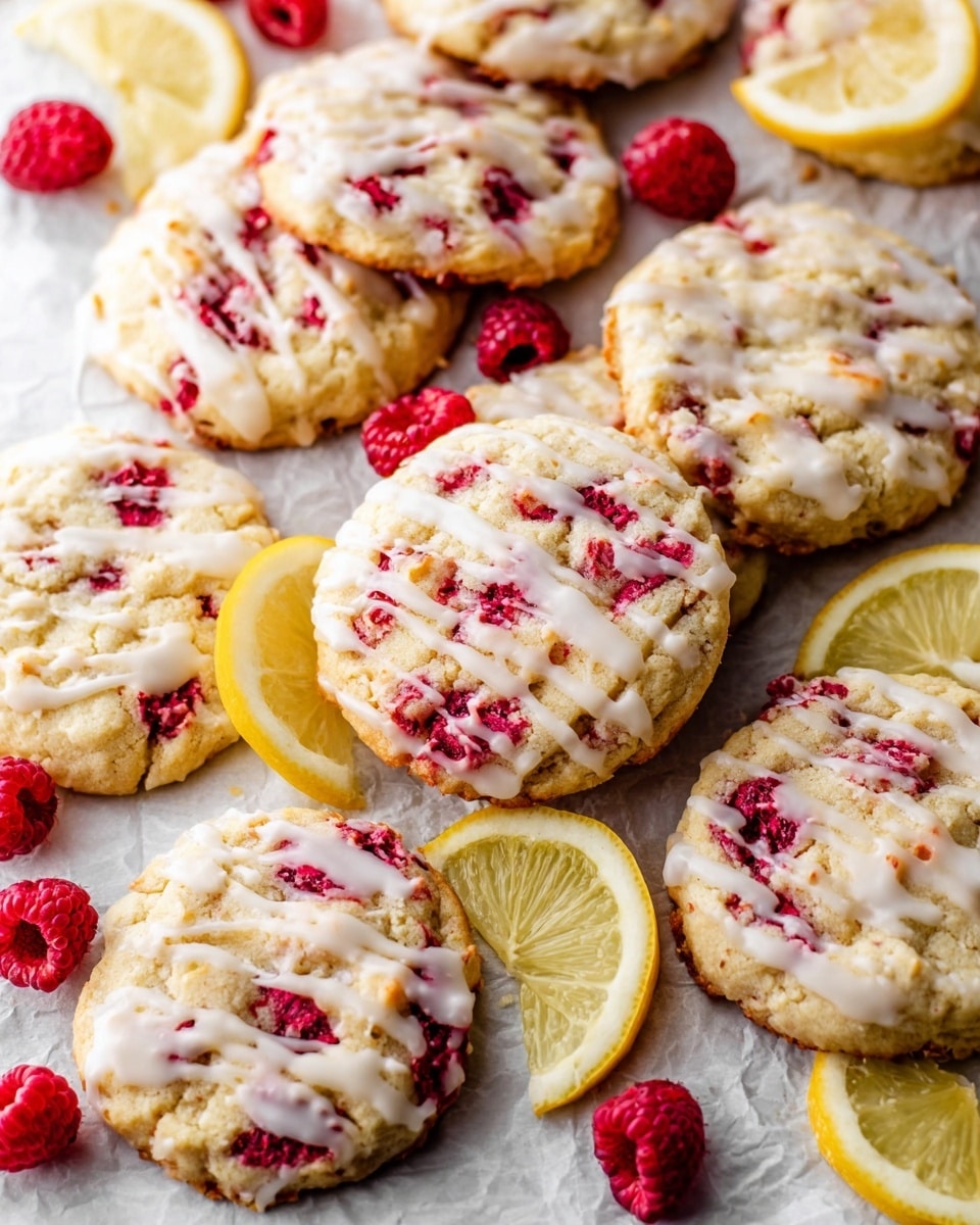 A close-up image shows a stack of four broken cookies on a white marbled surface. Each cookie layer is golden brown with visible red berry-like bits scattered inside, and white chocolate chips dot the top and middle layers, adding texture. The cookies appear soft and slightly chewy, with a crumbly interior. The background is softly blurred with yellow lemon shapes, giving a fresh feel. Photo taken with an iphone --ar 4:5 --v 7