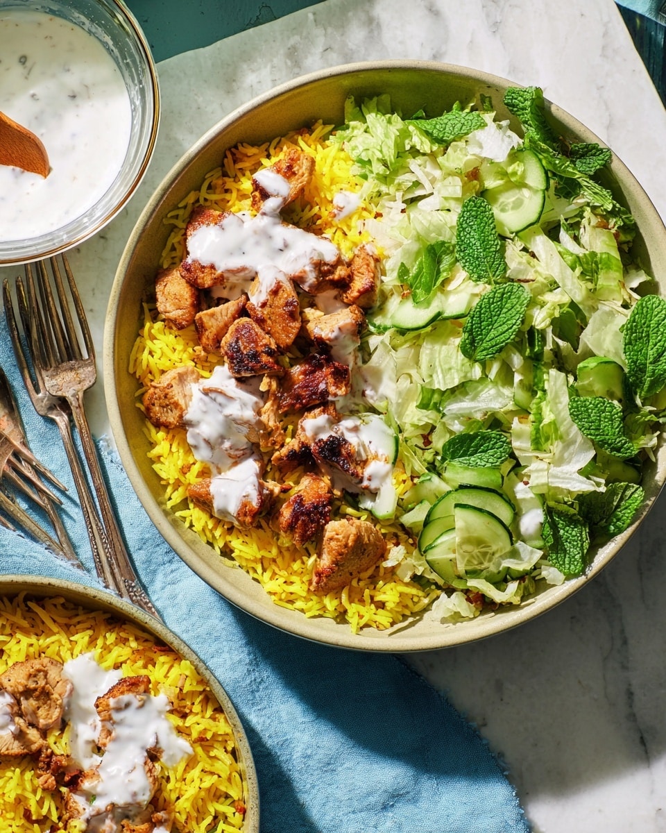 A white plate held by a woman's hand contains three main layers: a base of yellow rice mixed with chunks of golden-brown cooked chicken pieces, a fresh pile of green leafy lettuce with a few cucumber slices on the side, and a dollop of white creamy sauce drizzled over the rice and chicken; a worn silver fork rests on the plate's edge. In the background, there is another wide white bowl with traces of white sauce and some green herb garnish, placed on a white marbled surface. photo taken with an iphone --ar 4:5 --v 7